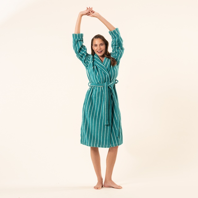 Solıd Geniş Çizgili İplik Boyalı Pamuk %100 Pamuk Bornoz - Koyu Yeşil