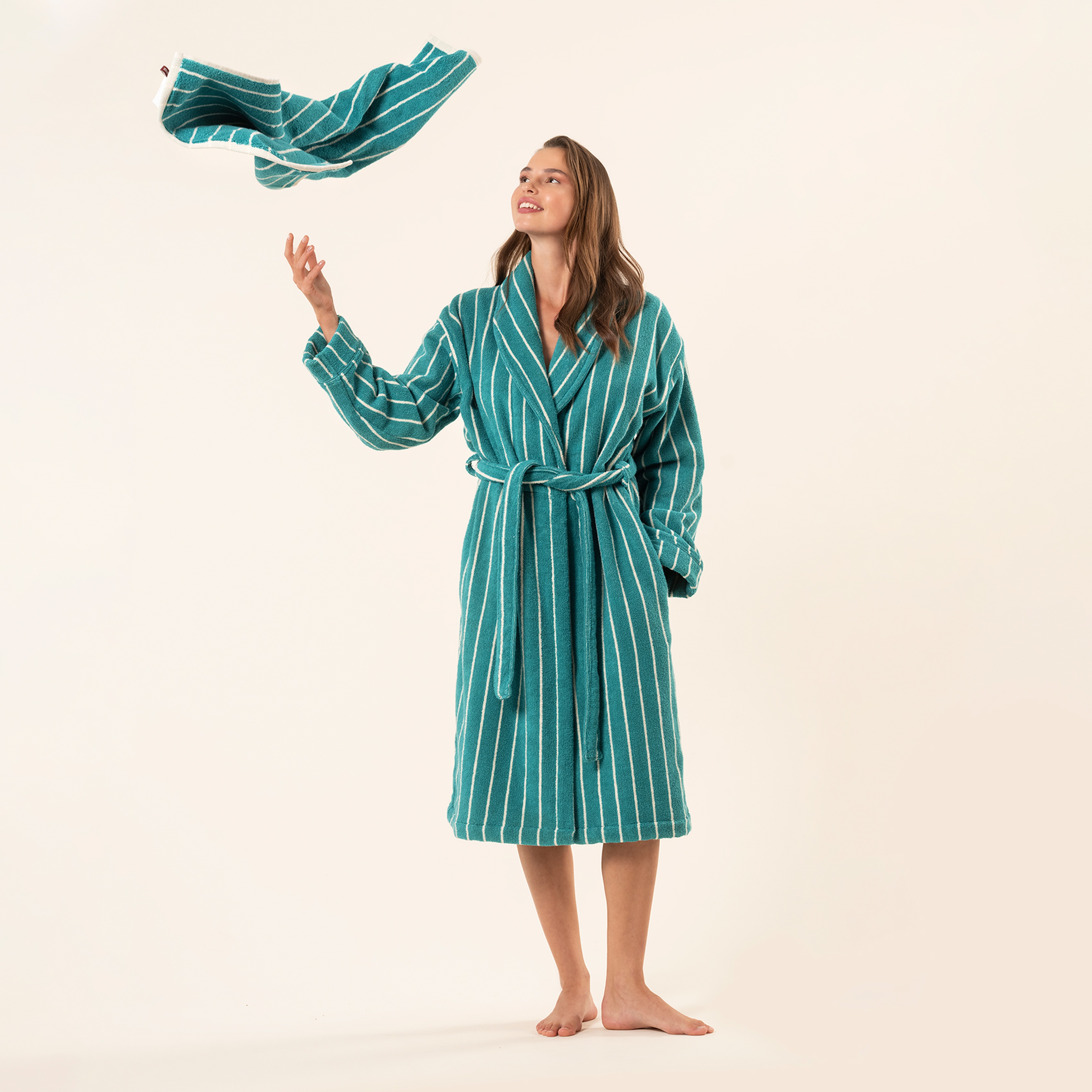 Solıd Geniş Çizgili İplik Boyalı Pamuk %100 Pamuk Bornoz - Koyu Yeşil