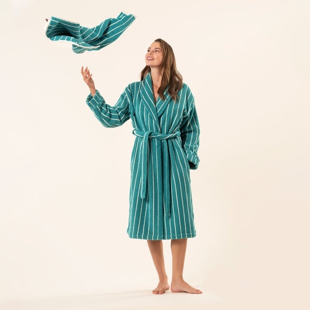 Solıd Geniş Çizgili İplik Boyalı Pamuk %100 Pamuk Bornoz - Koyu Yeşil