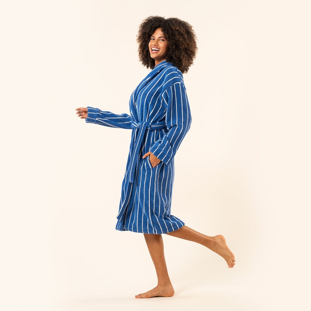 Solıd Geniş Çizgili İplik Boyalı Pamuk %100 Pamuk Bornoz - Koyu Mavi