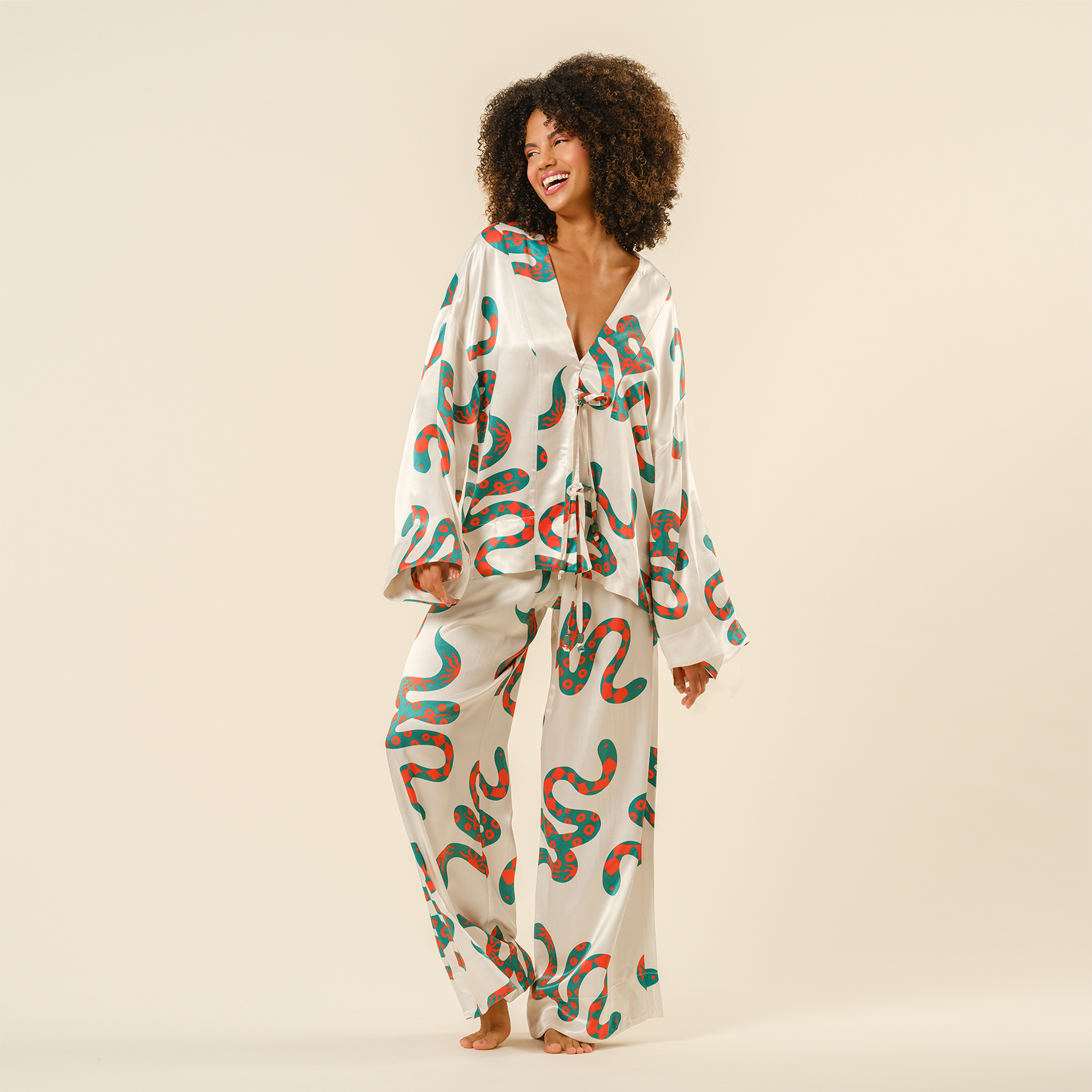 Protı Dijital Baskılı Kimono - Ekru