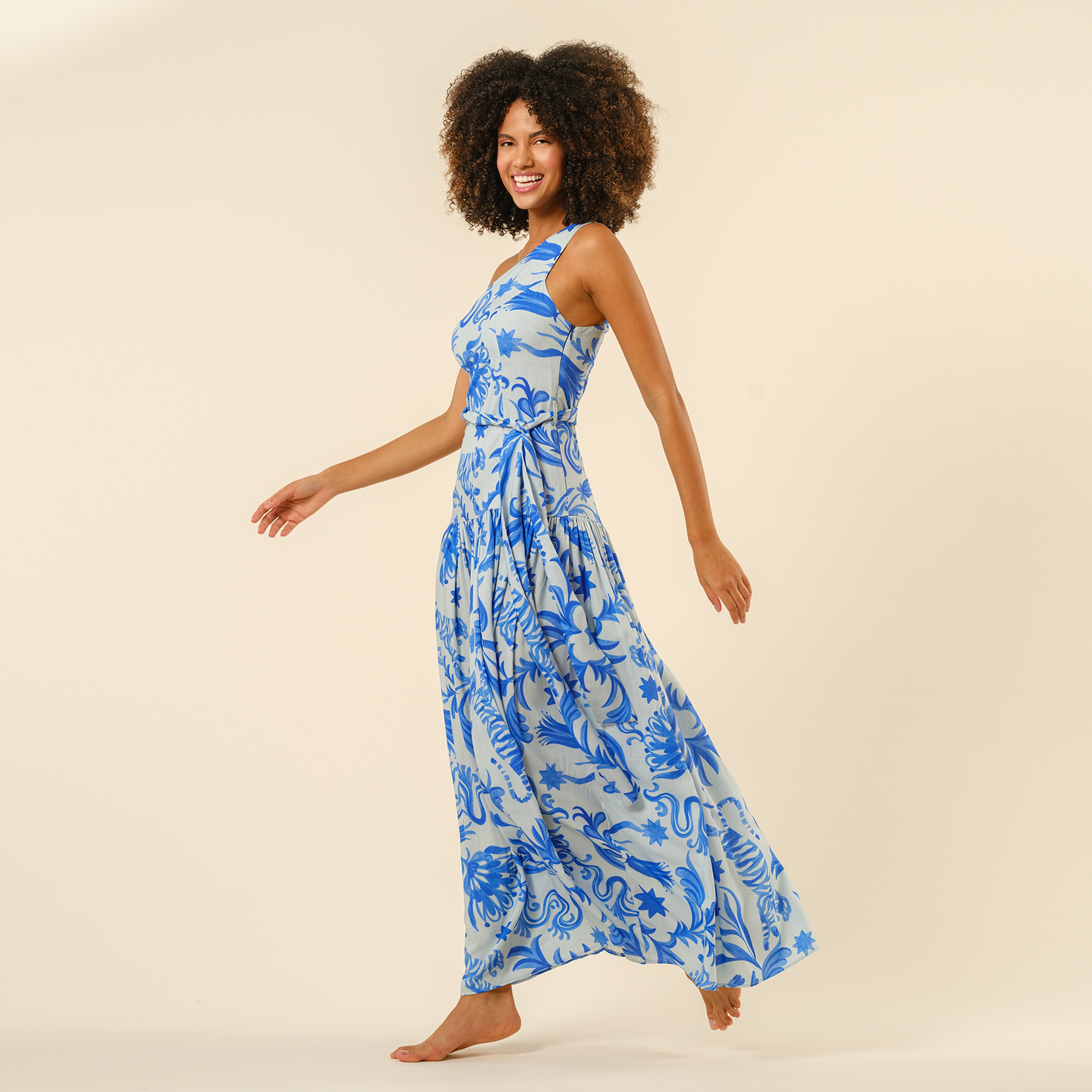 Protı Dijital Baskılı Asimetrik Elbise - Mavi