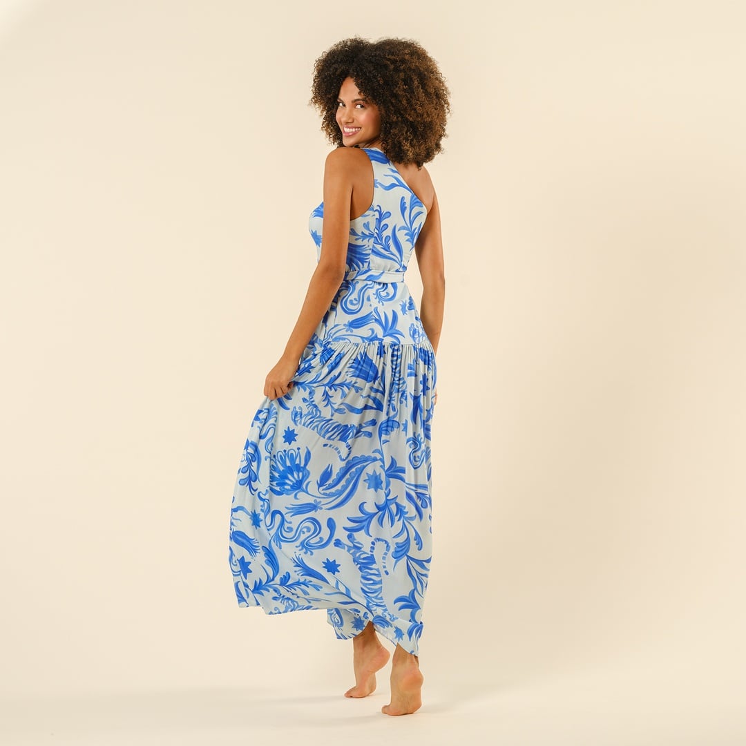 Protı Dijital Baskılı Asimetrik Elbise - Mavi