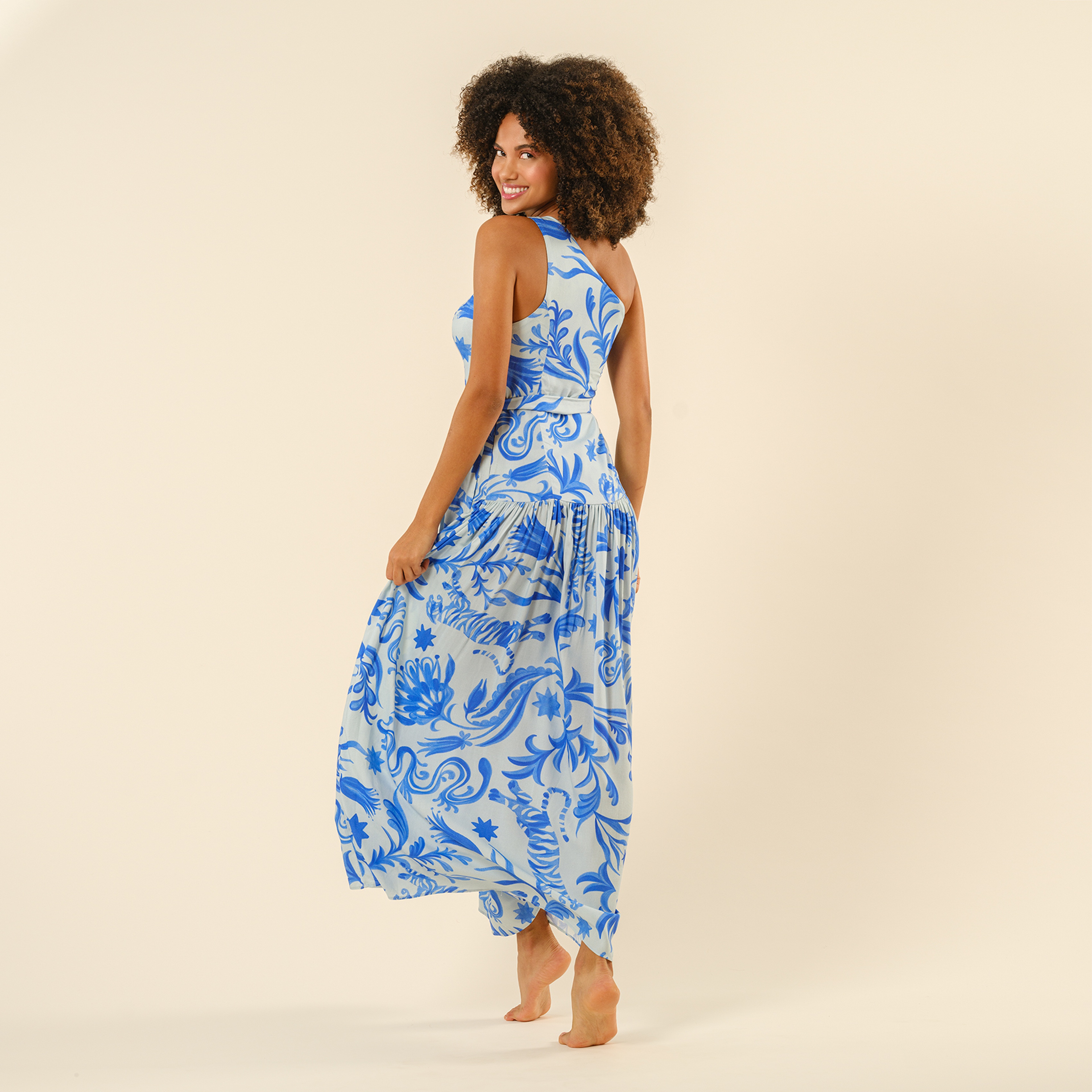 Protı Dijital Baskılı Asimetrik Elbise - Mavi