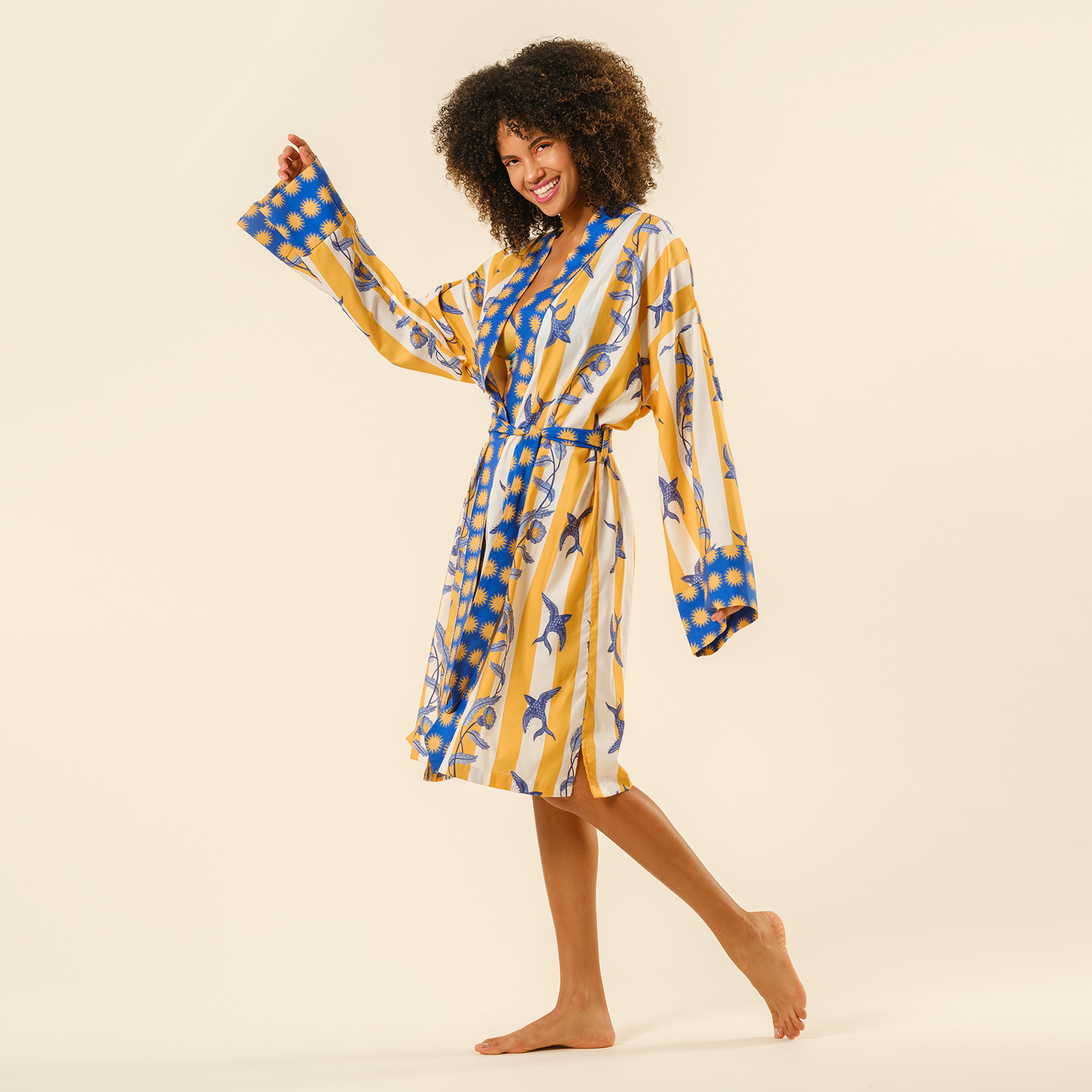 Baklan Dijital Baskılı Pamuk Modal Kimono - Sarı