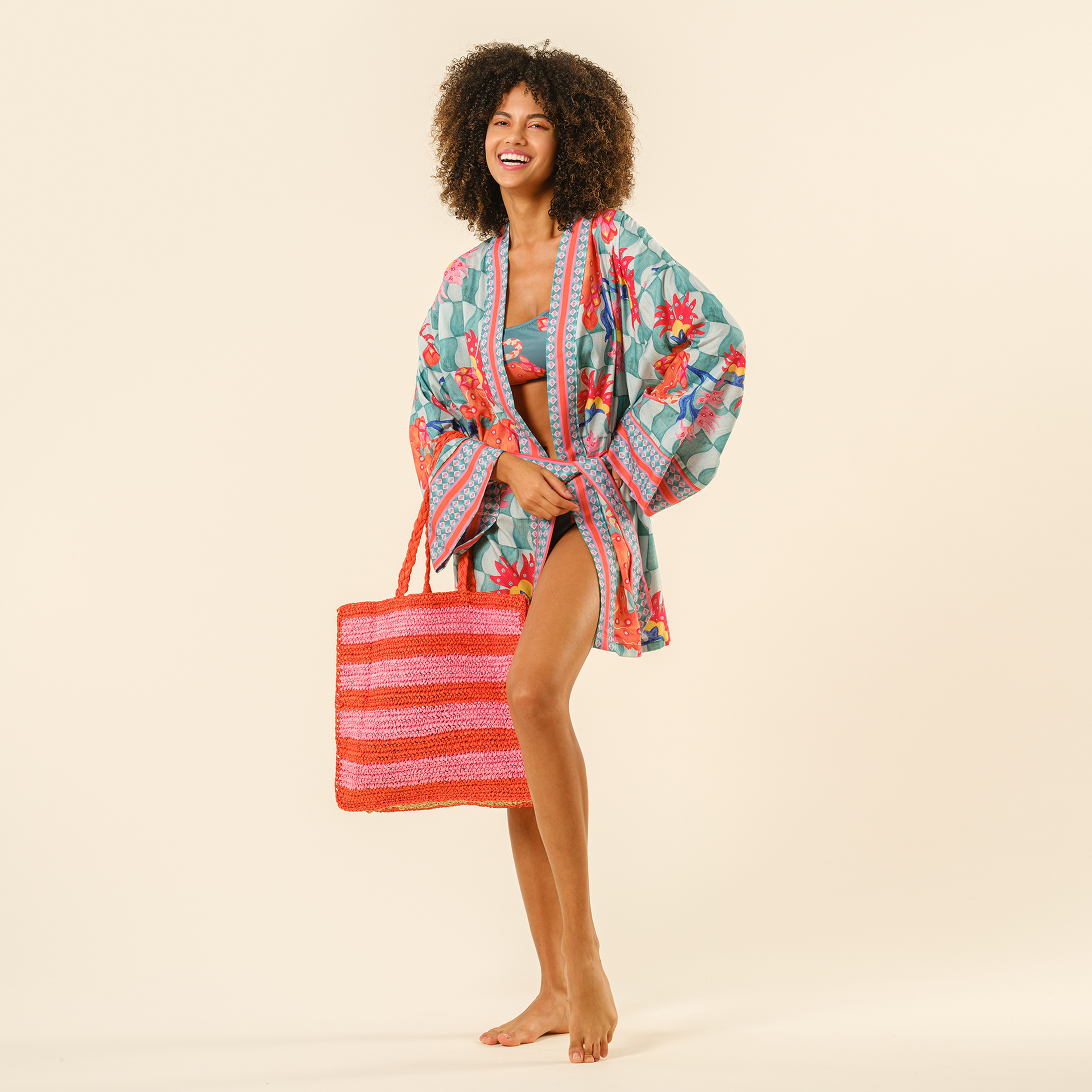 Delhı Rafya Omuz Çantası 43x35 Cm Turuncu - Pembe