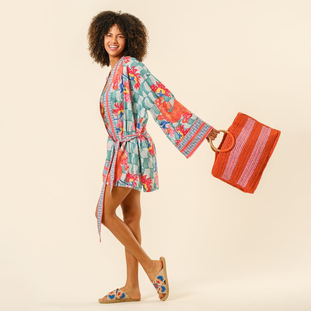 Delhı Rafya Omuz Çantası 43x35 Cm Turuncu - Pembe