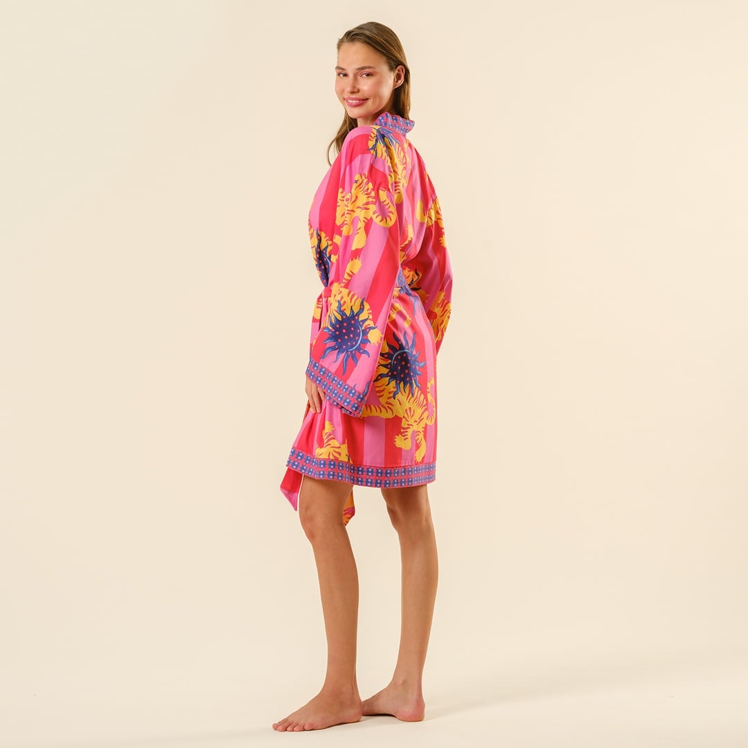 Baklan Dijital Baskılı Pamuk Modal Kimono - Kırmızı - Pembe