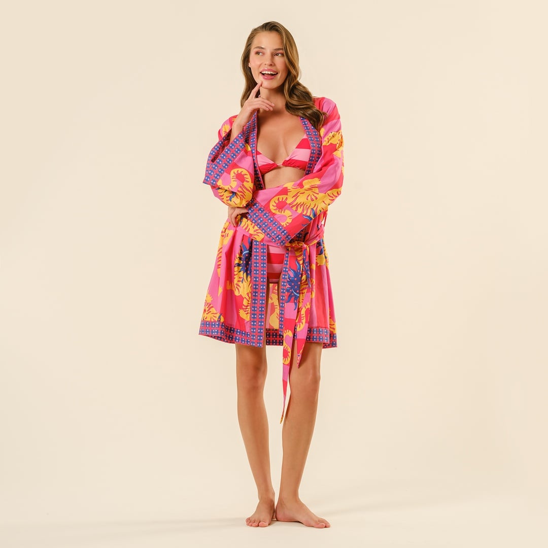 Baklan Dijital Baskılı Pamuk Modal Kimono - Kırmızı - Pembe