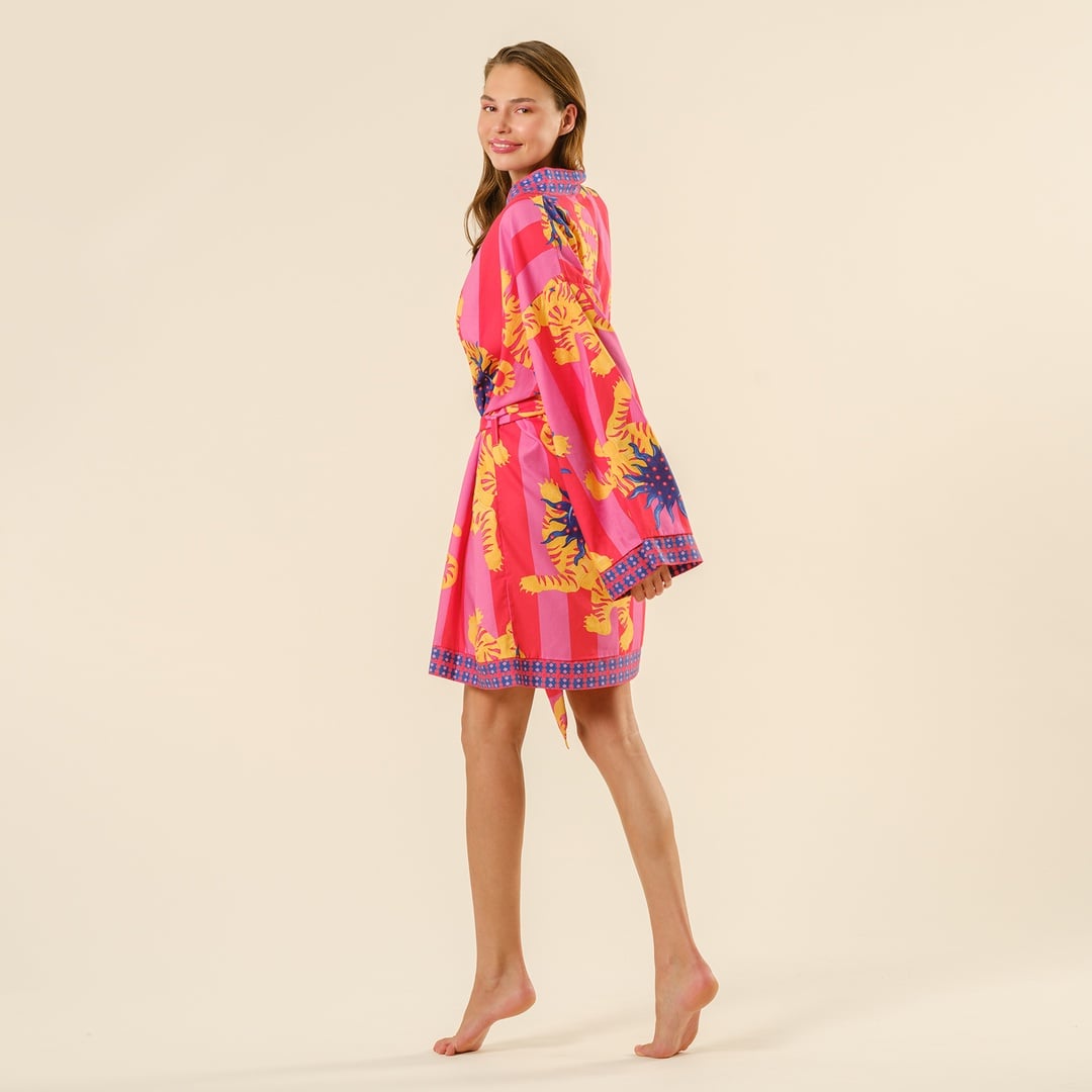 Baklan Dijital Baskılı Pamuk Modal Kimono - Kırmızı - Pembe