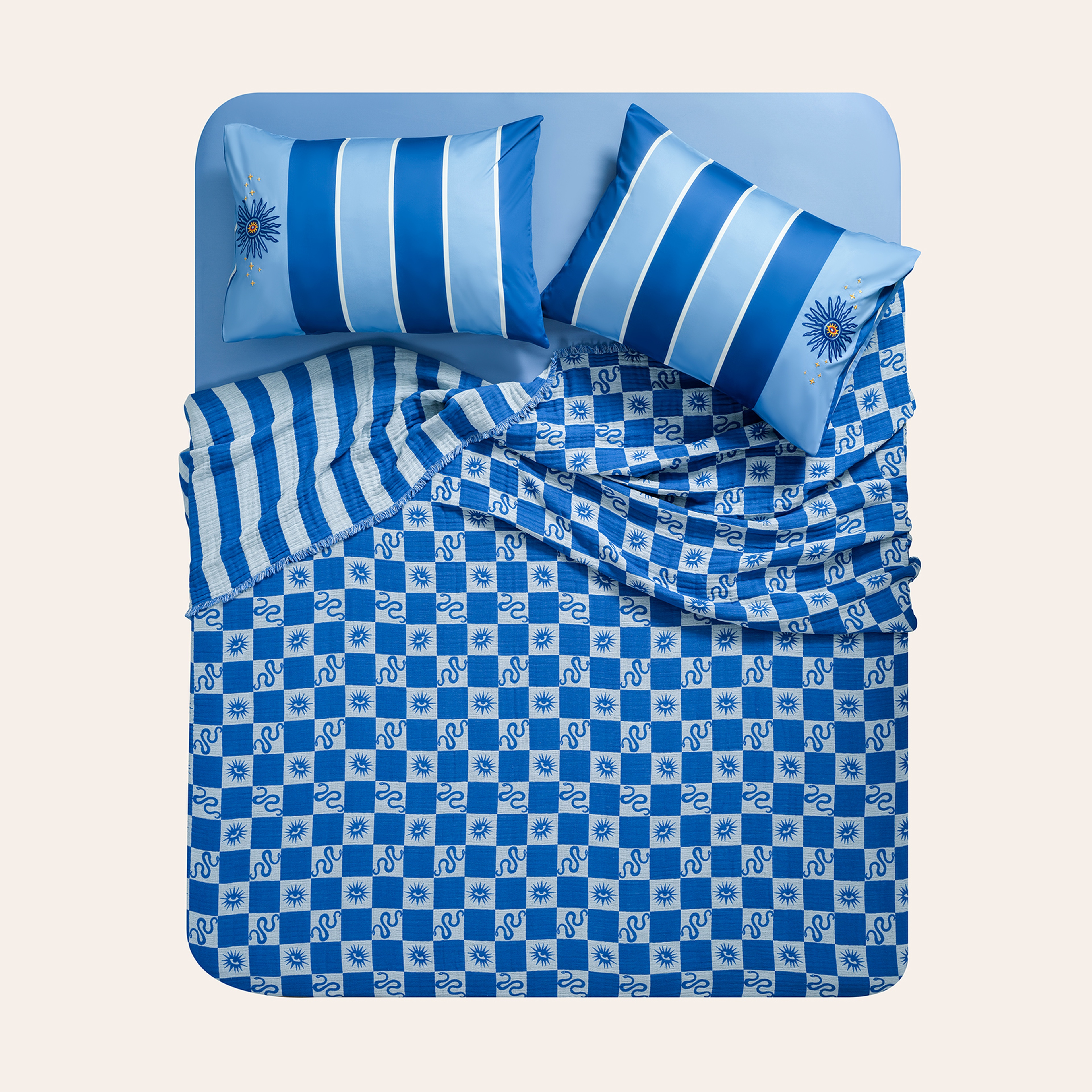 Costa Mavi Kıng Sıze Pamuk Yatak Örtüsü