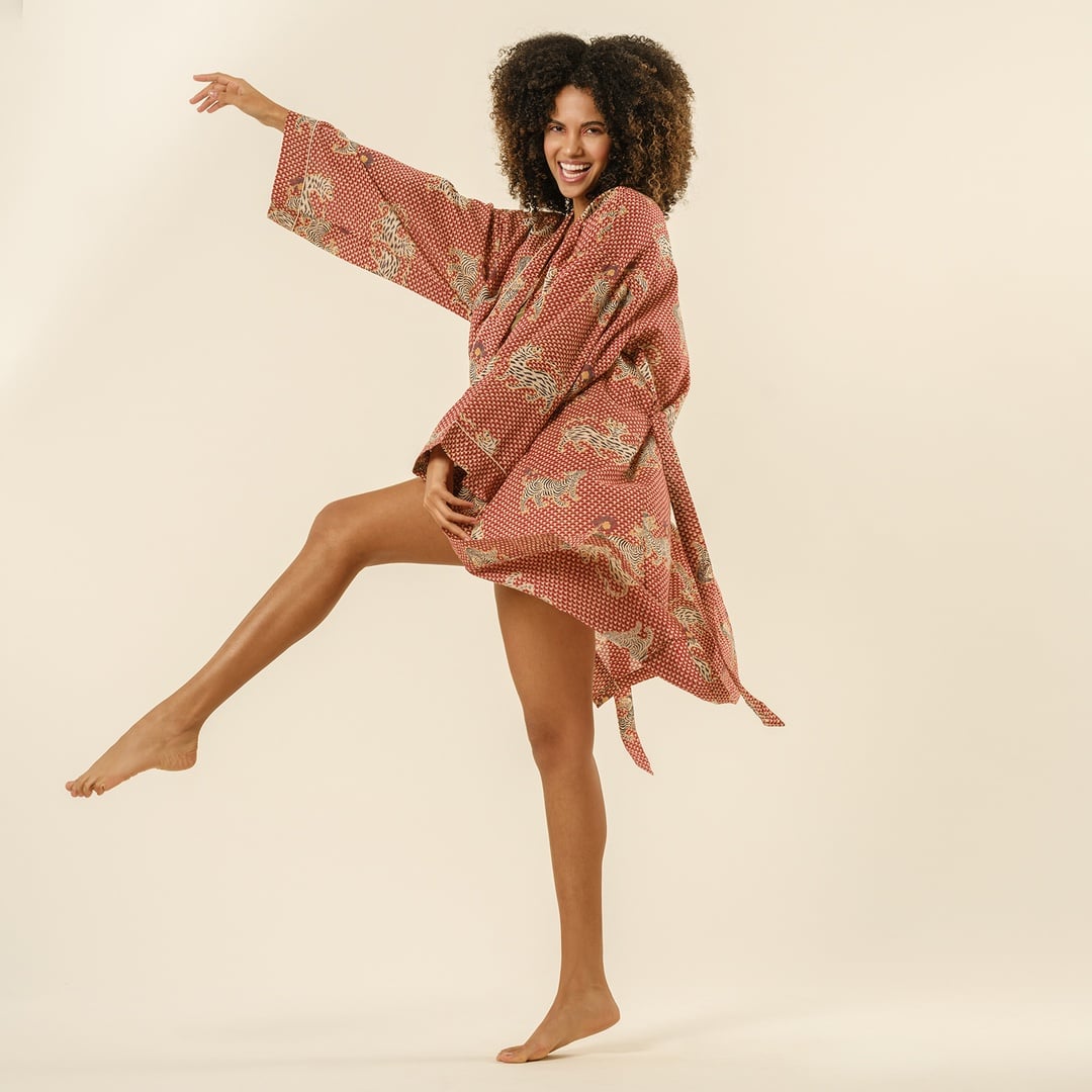 Gaya El Baskısı Pamuk Kimono Standart Beden Kırmızı