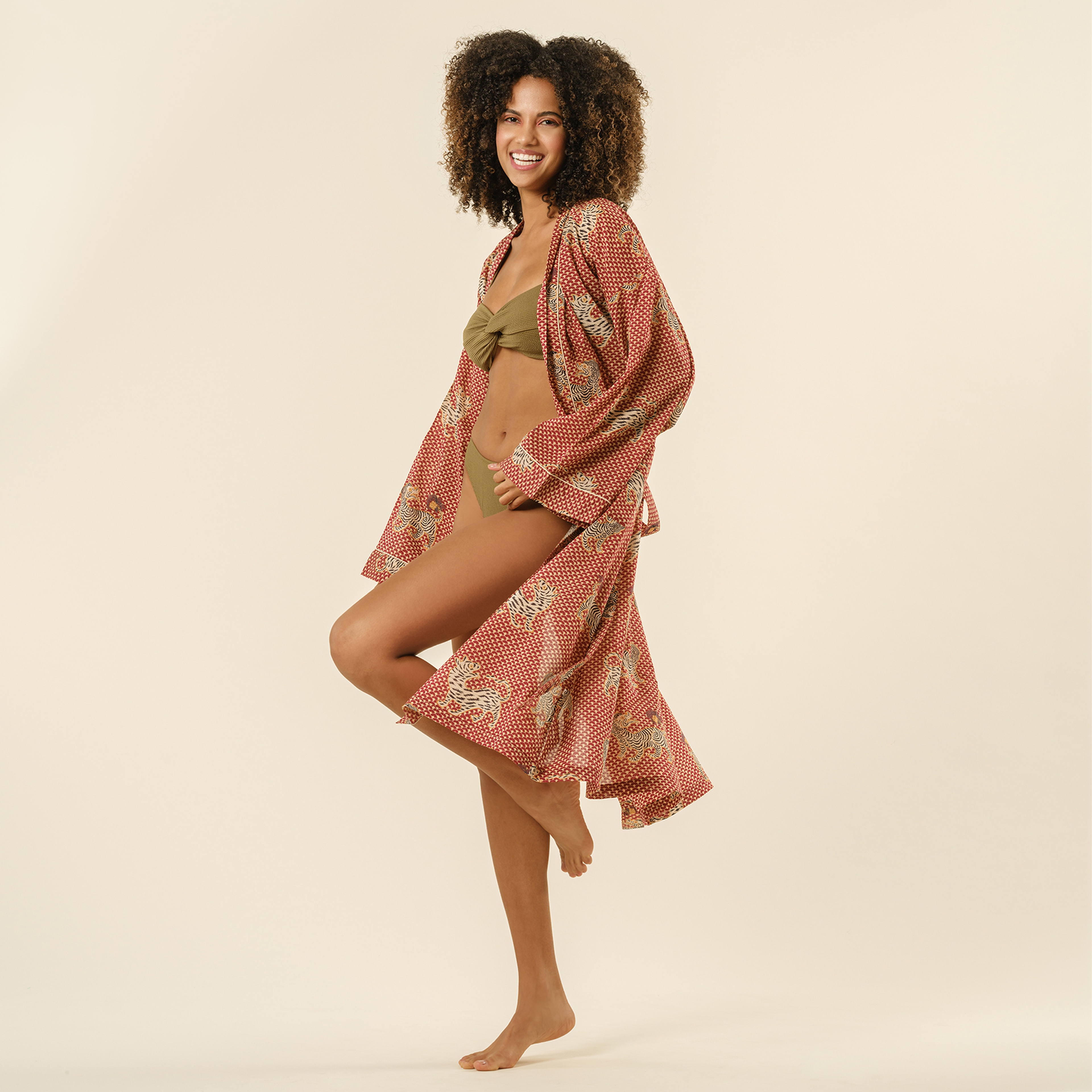 Gaya El Baskısı Pamuk Kimono Standart Beden Kırmızı