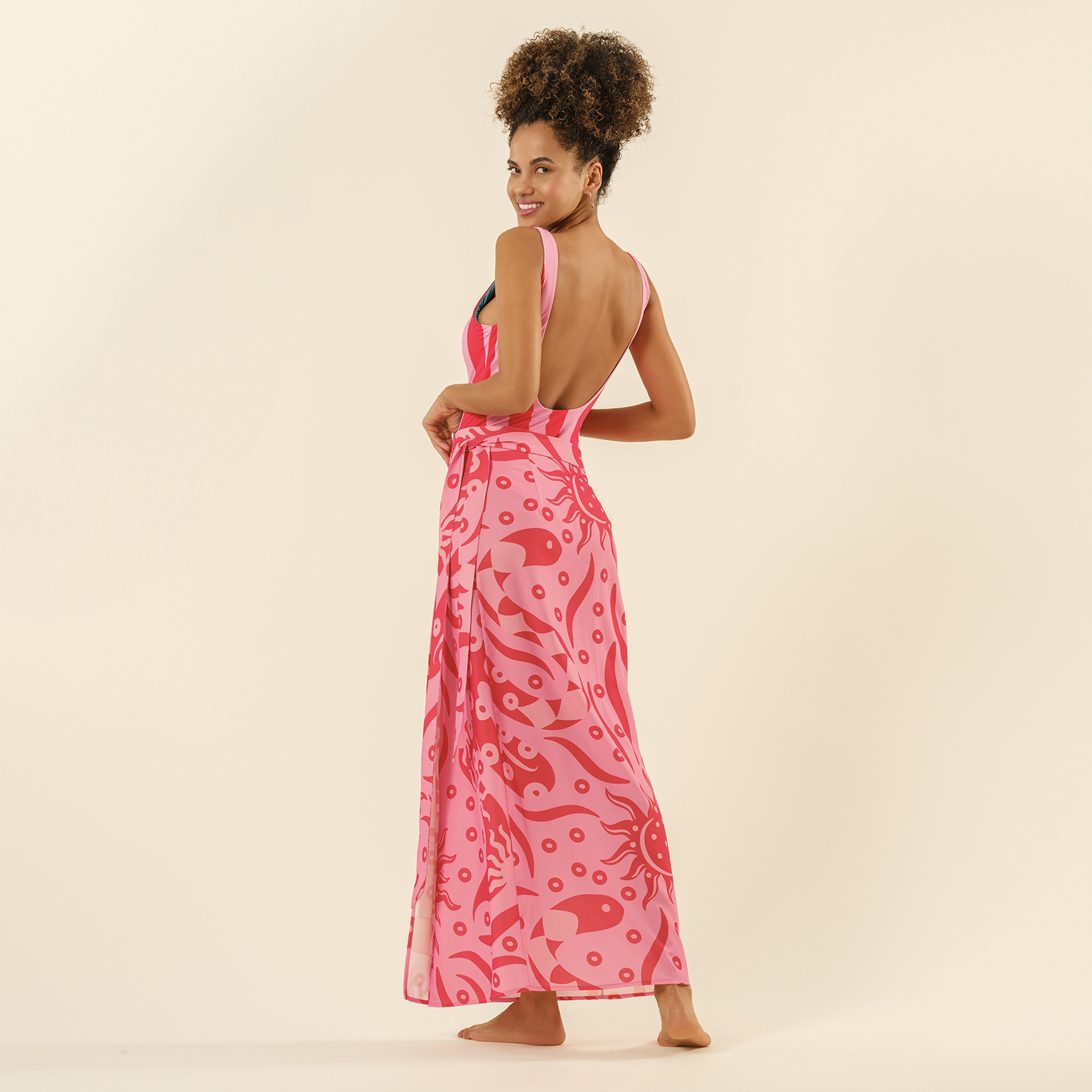 Protı Dijital Baskılı Bağlamalı Etek - Pembe