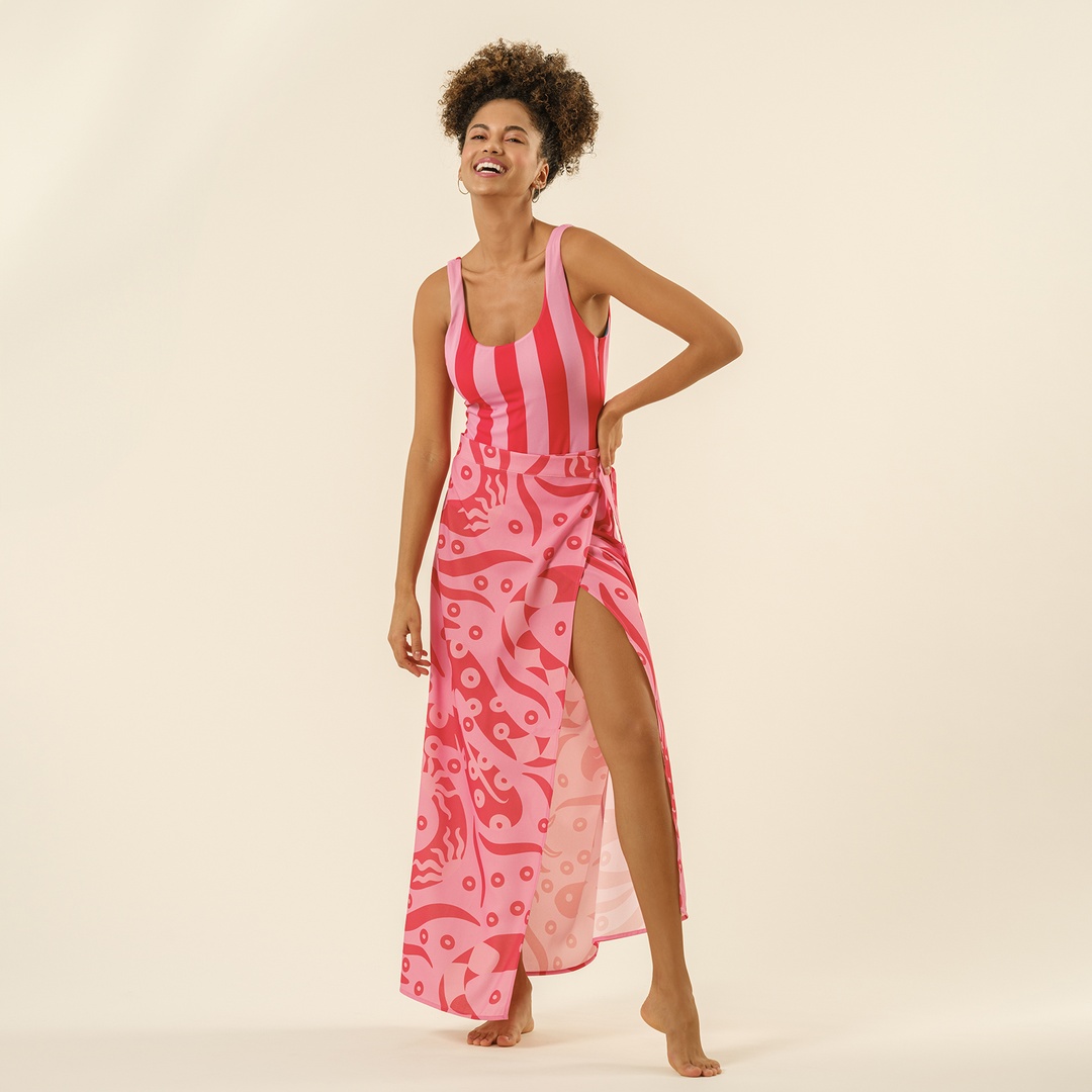 Protı Dijital Baskılı Bağlamalı Etek - Pembe