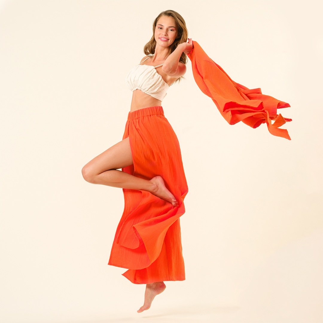 Tavas Yırtmaçlı %100 Pamuk Pantolon - Turuncu