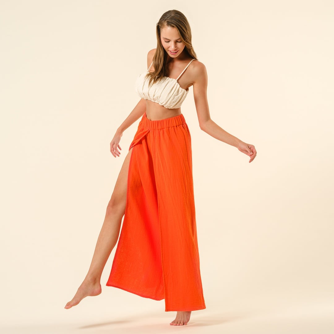 Tavas Yırtmaçlı %100 Pamuk Pantolon - Turuncu