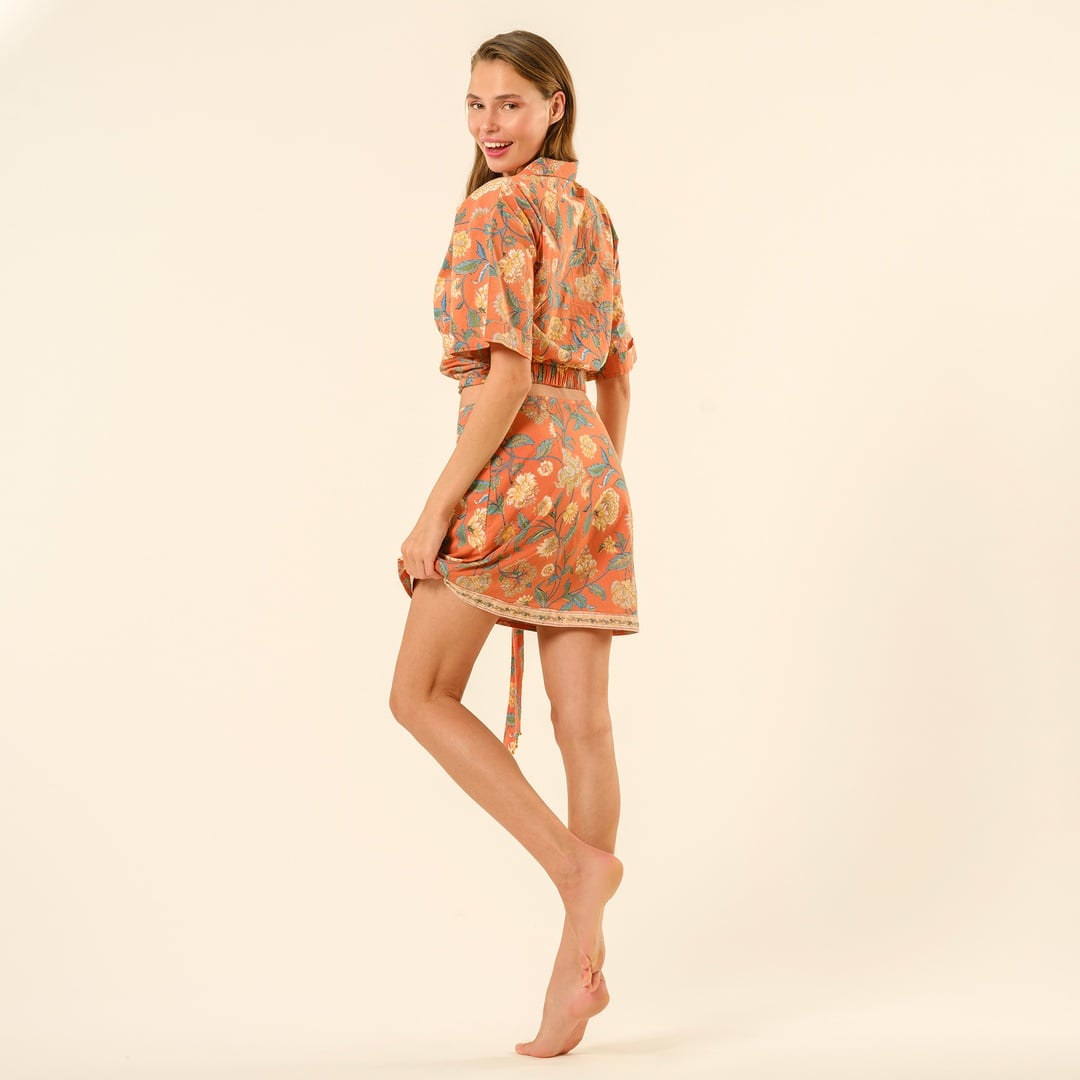 Gaya El Baskılı Önden Bağlamalı Gömlek - Turuncu