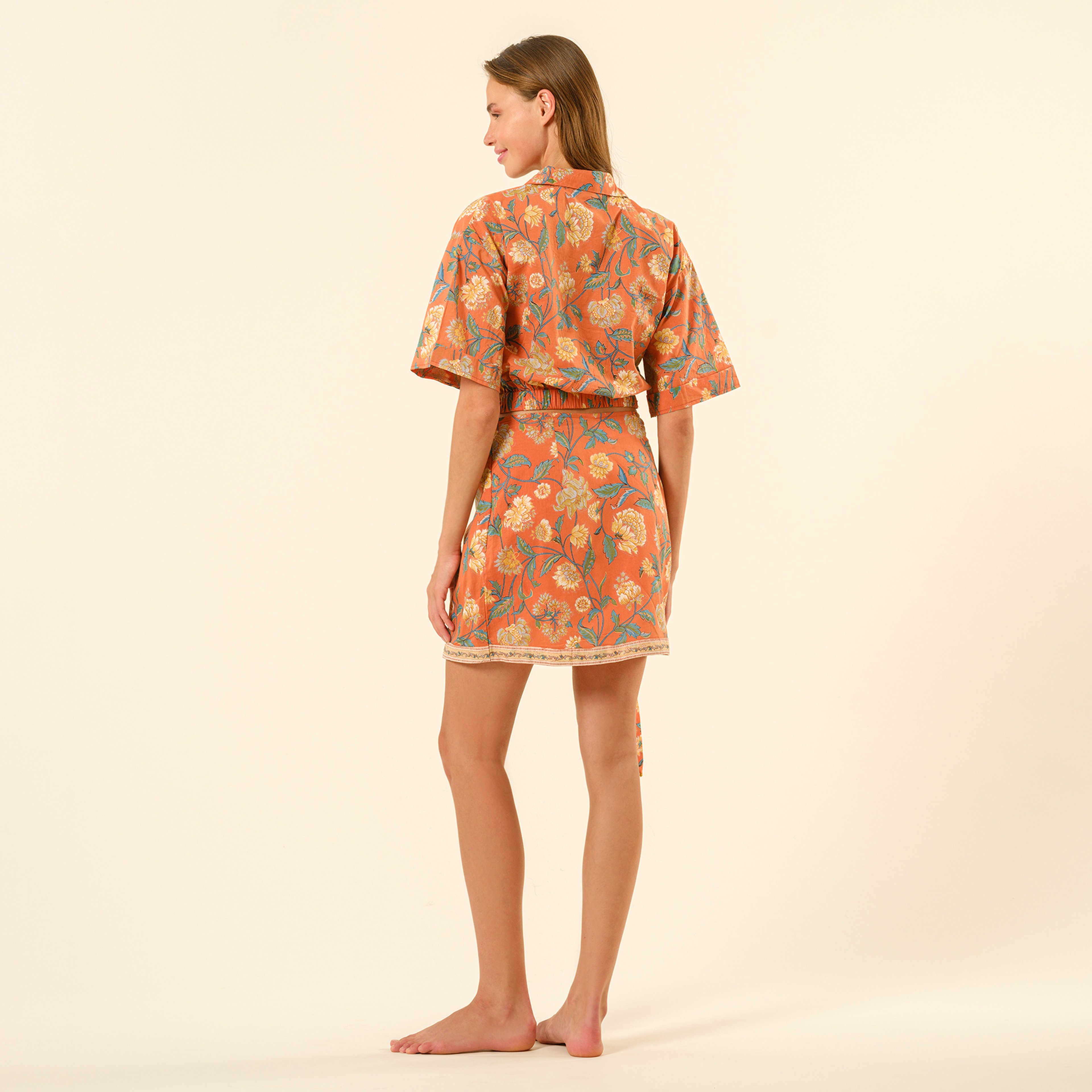 Gaya El Baskılı Önden Bağlamalı Gömlek - Turuncu