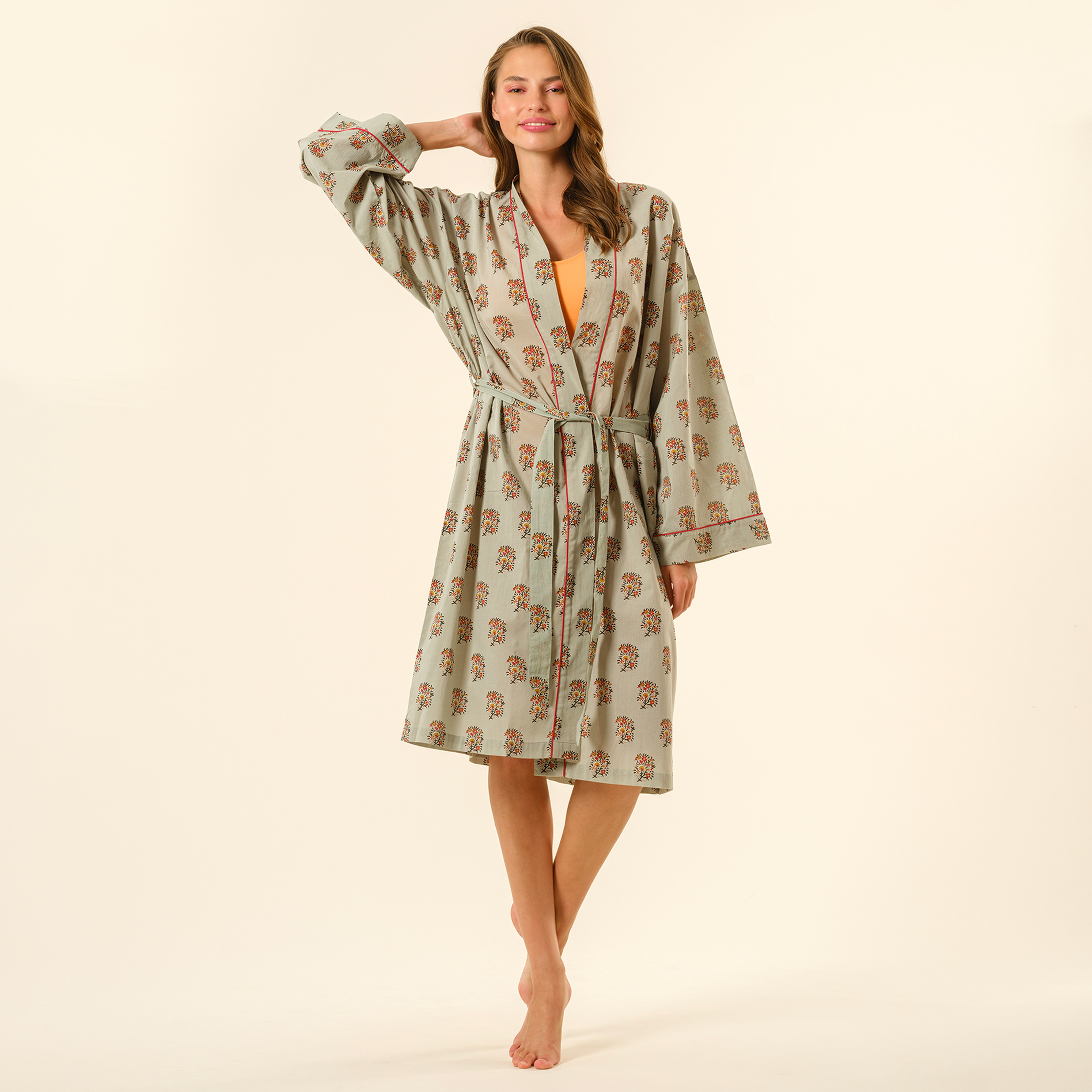 Gaya El Baskısı Pamuk Kimono Standart Beden Yeşil