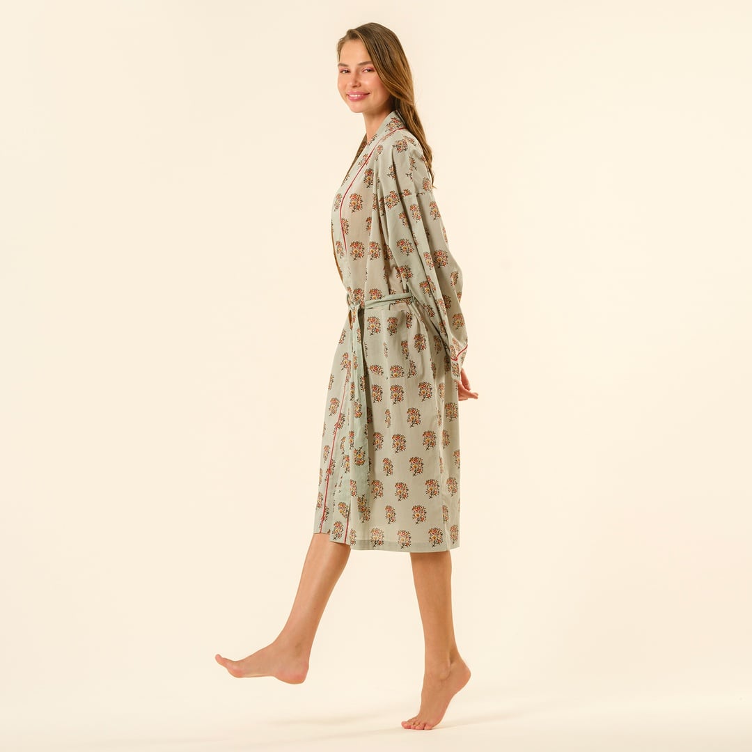 Gaya El Baskısı Pamuk Kimono Standart Beden Yeşil