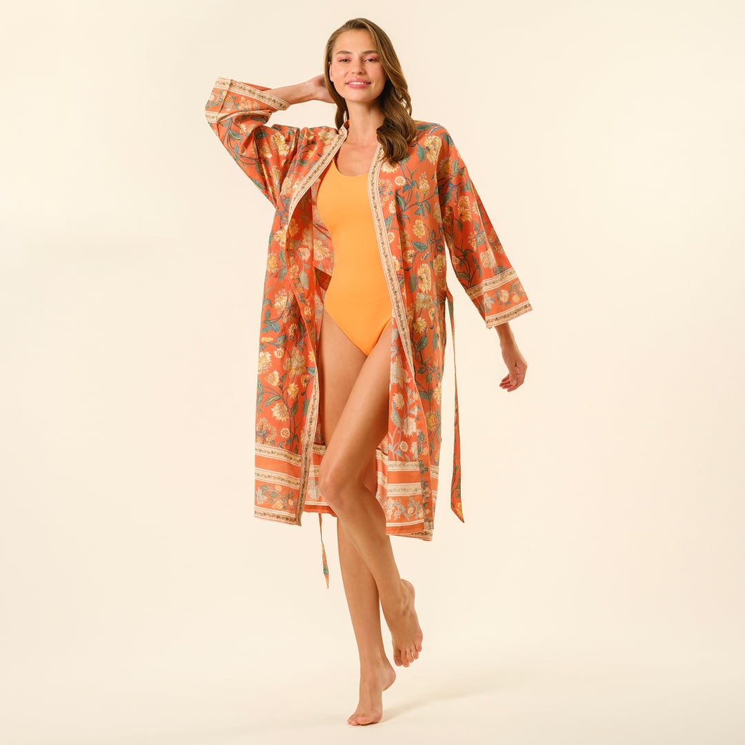 Gaya El Baskısı Pamuk Kimono Standart Beden Turuncu