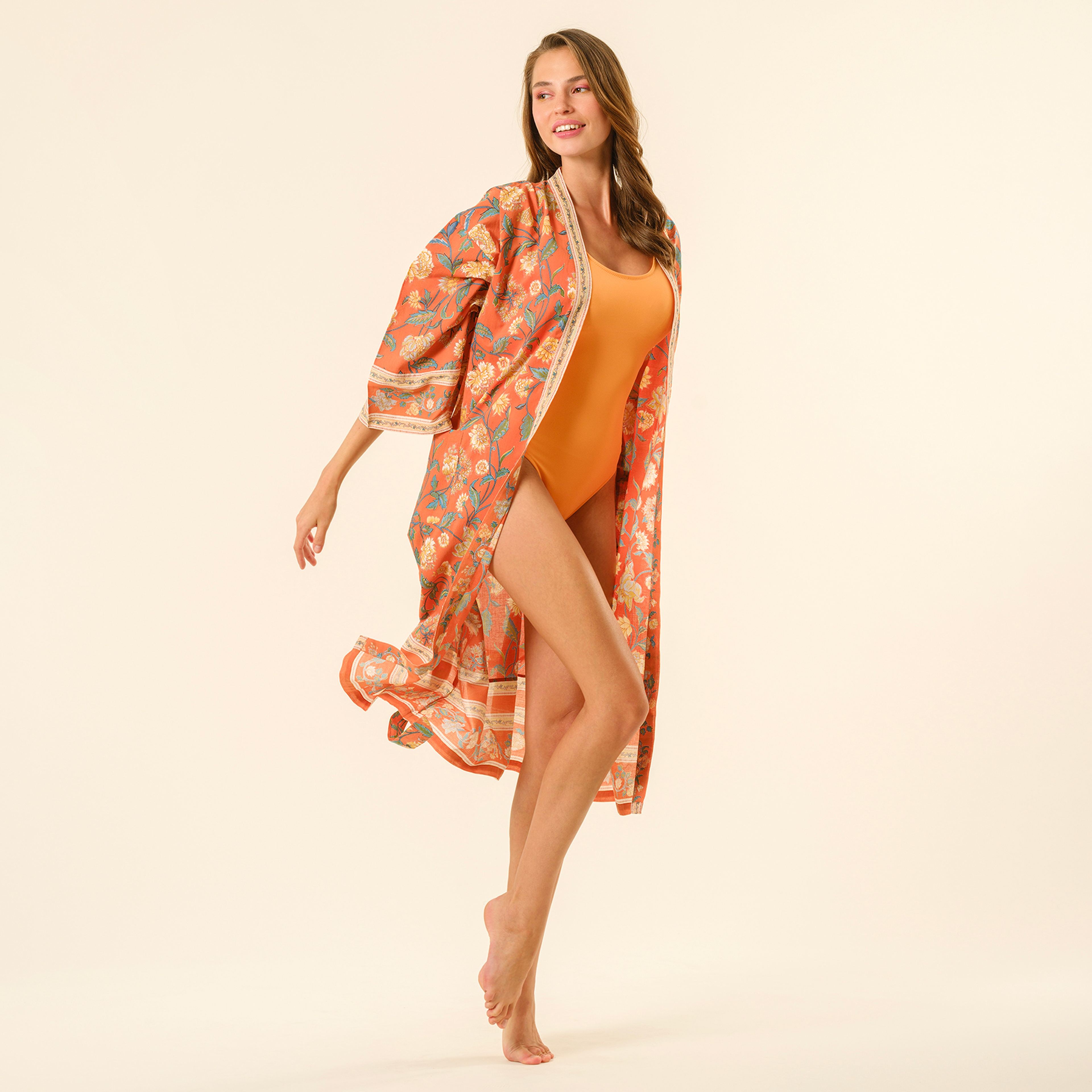 Gaya El Baskısı Pamuk Kimono Standart Beden Turuncu