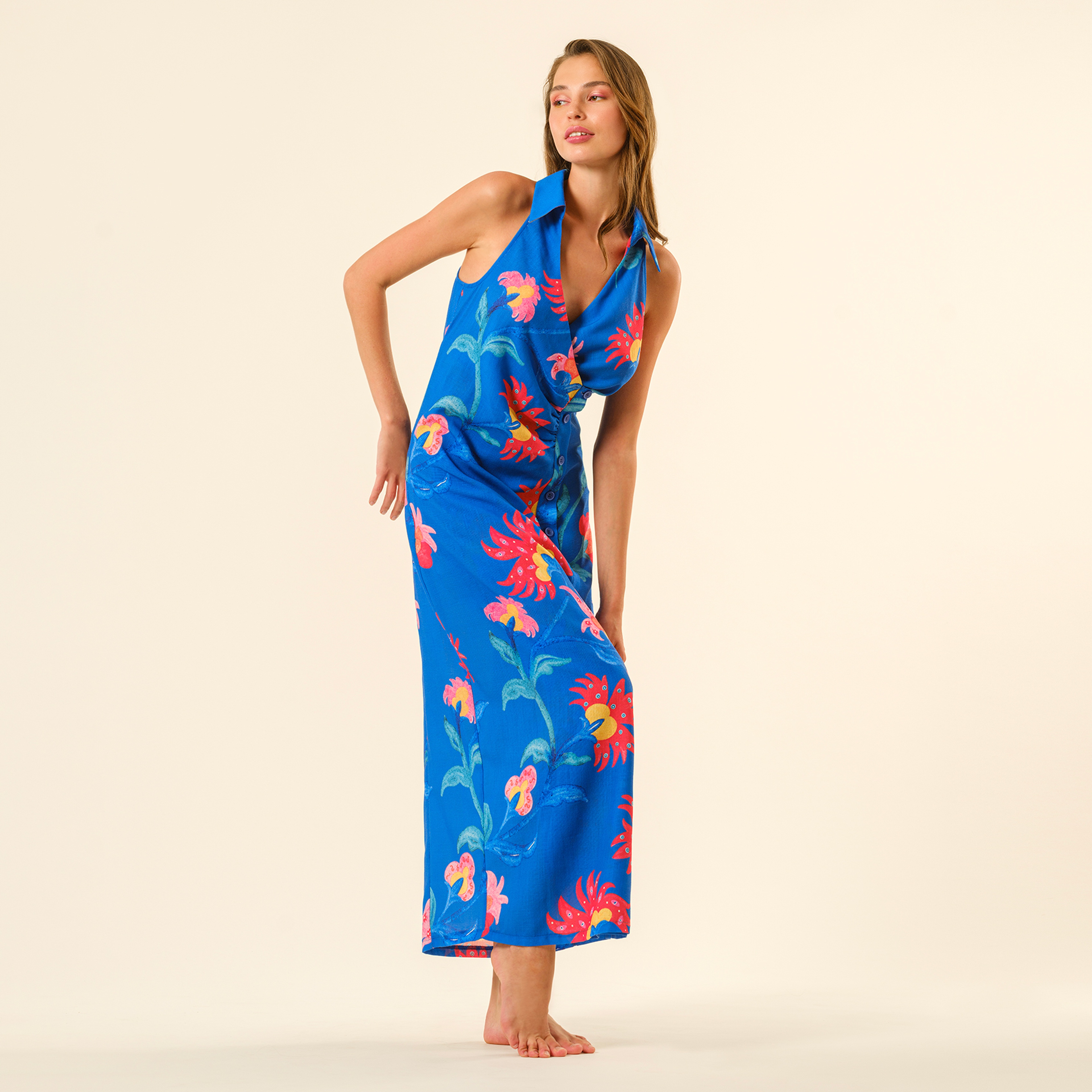 Protı Dijital Baskılı Şantuklu Elbise - Lacivert