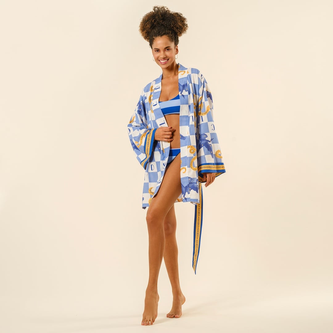 Baklan Dijital Baskılı Pamuk Modal Kimono - Mavi - Sarı