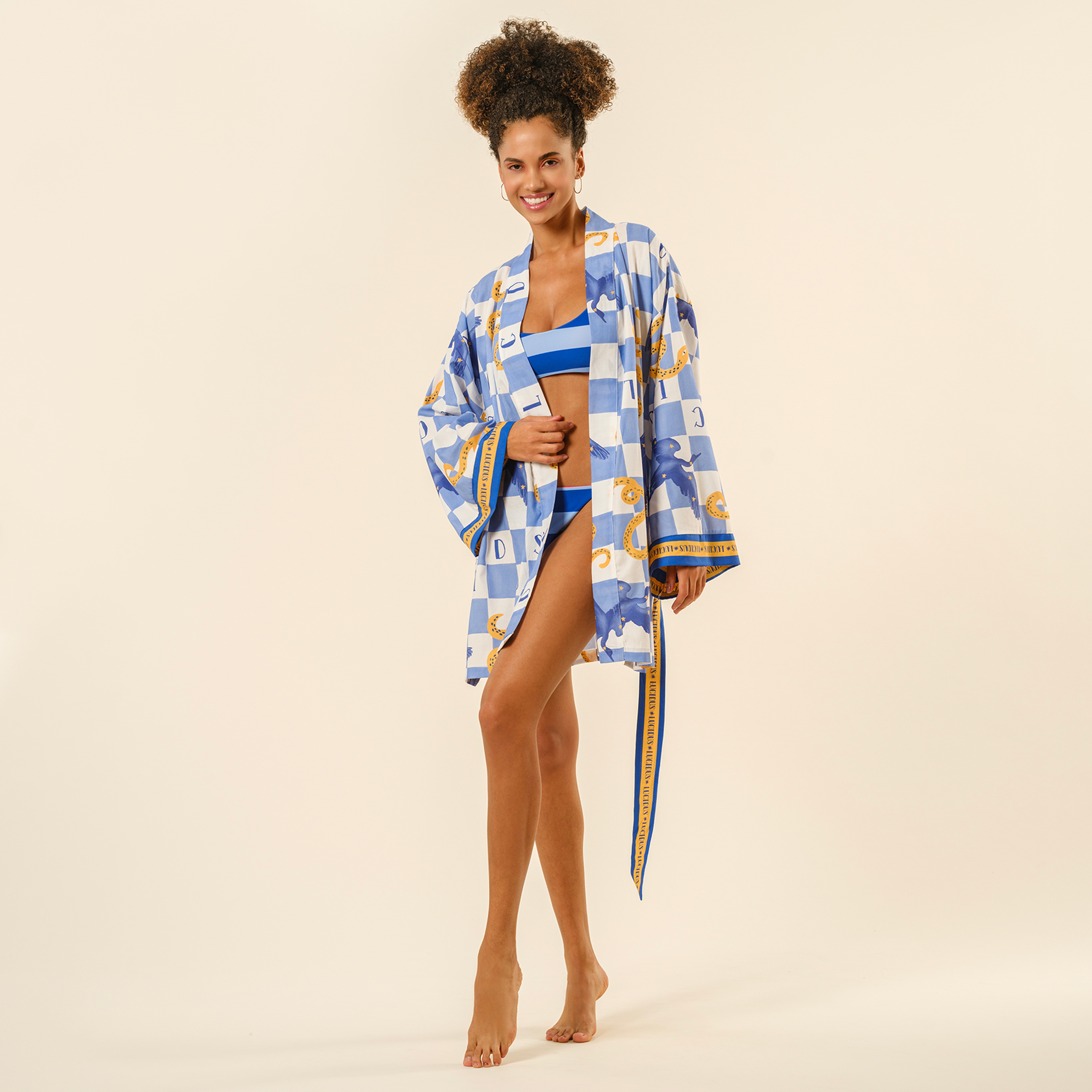 Baklan Dijital Baskılı Pamuk Modal Kimono - Mavi - Sarı