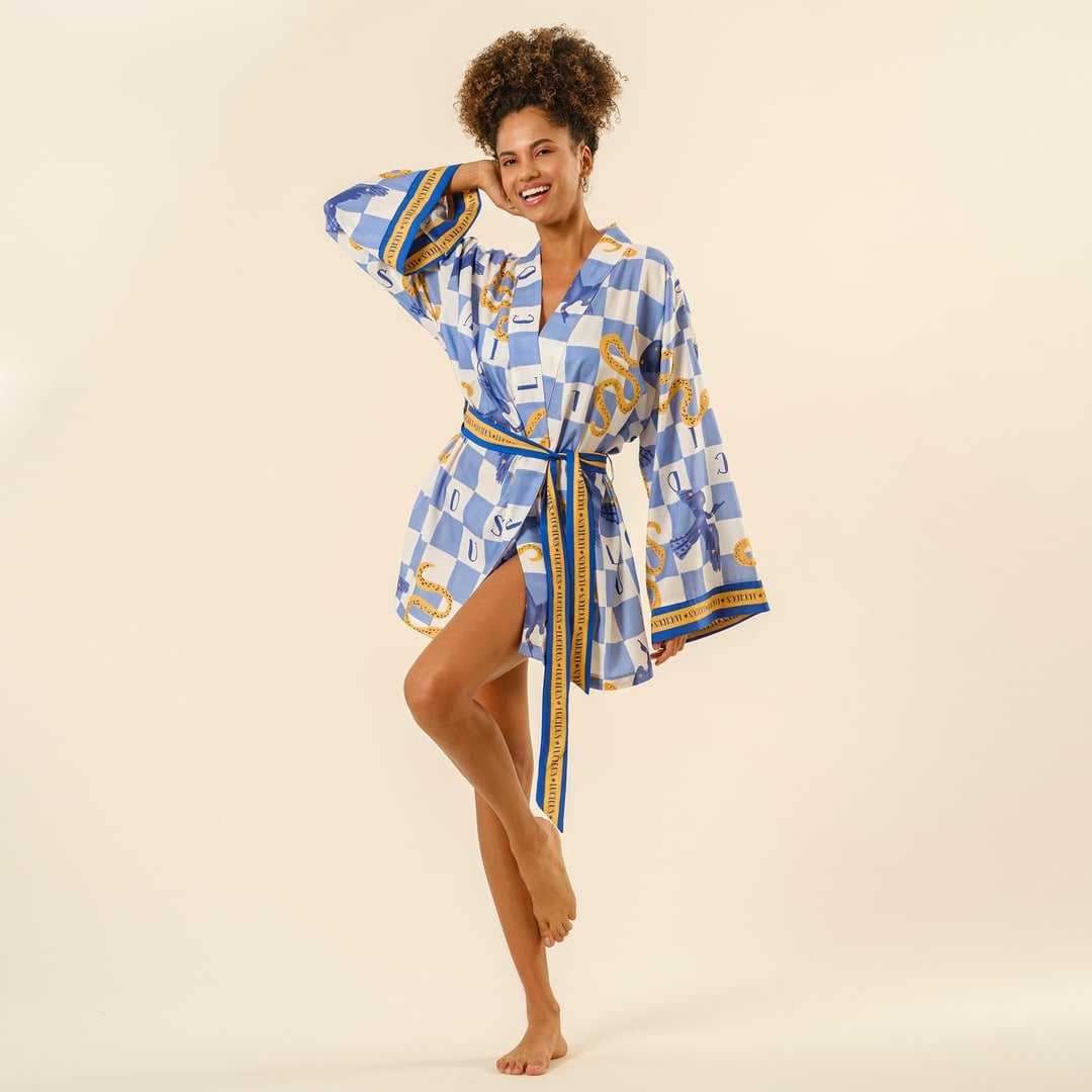 Baklan Dijital Baskılı Pamuk Modal Kimono - Mavi - Sarı