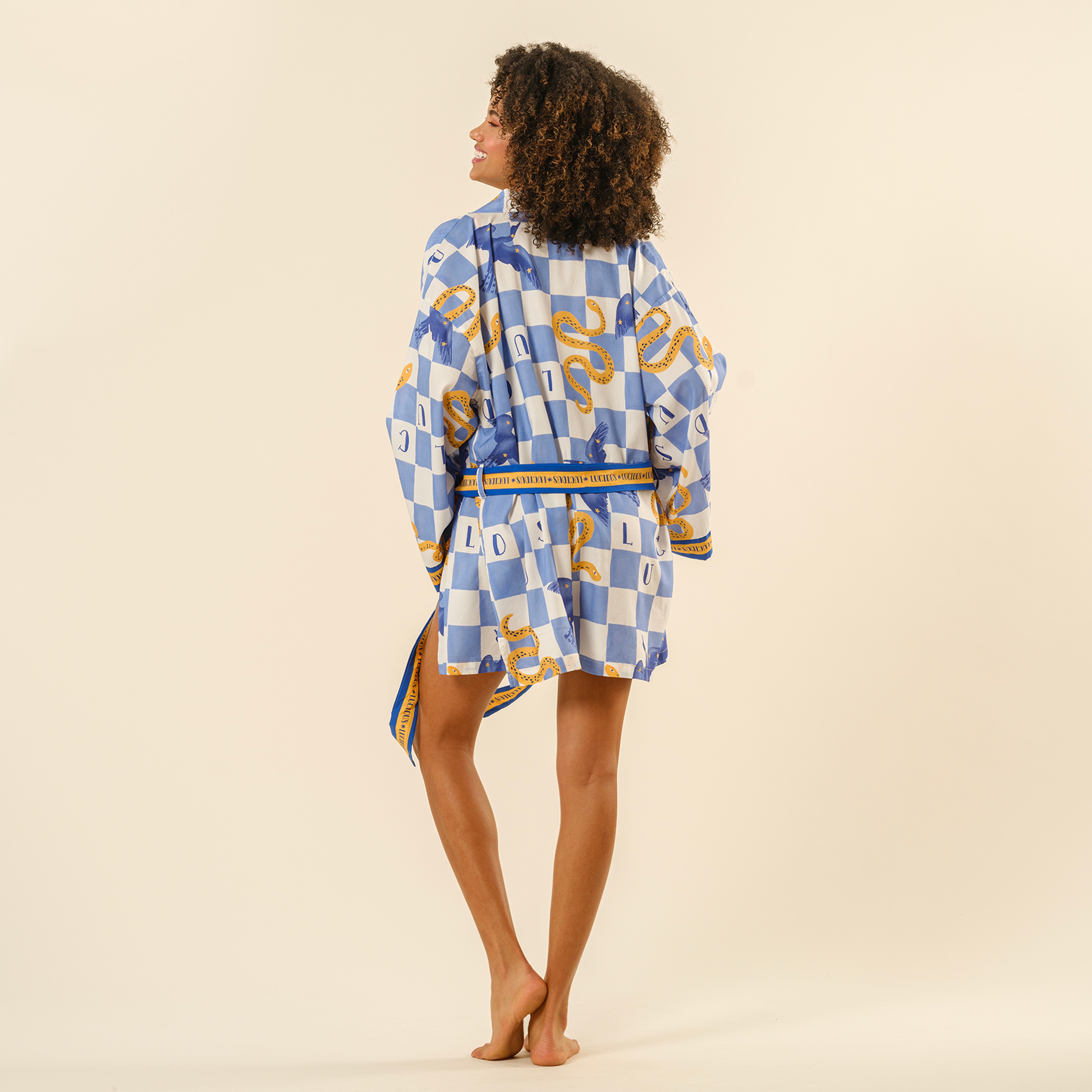 Baklan Dijital Baskılı Pamuk Modal Kimono - Mavi - Sarı