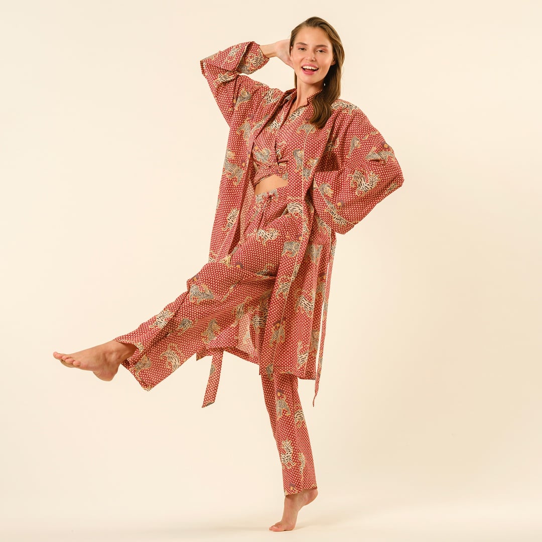 Gaya El Baskılı Önden Bağlamalı Gömlek - Kırmızı