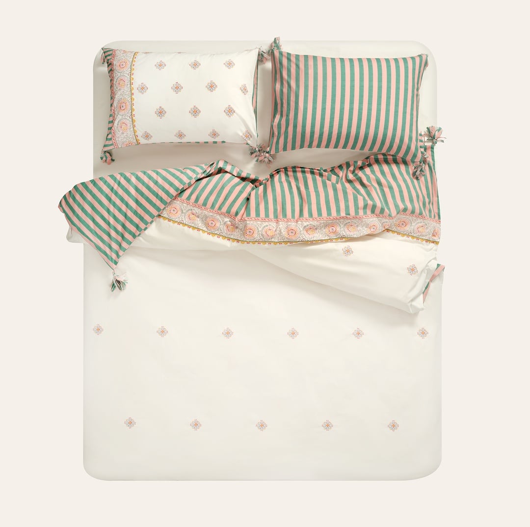 Sansad 200 Tc Püsküllü El İşi Nakışlı Kıng Sıze Pamuk Percale Nevresim Takımı 240x220 Cm Ekru