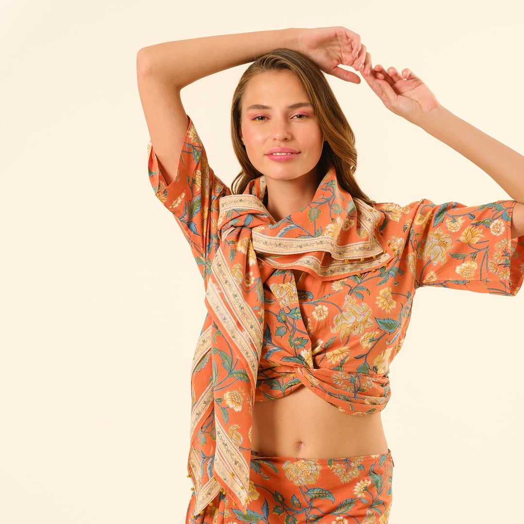 Gaya El Baskısı Fular 115x115 Cm Turuncu