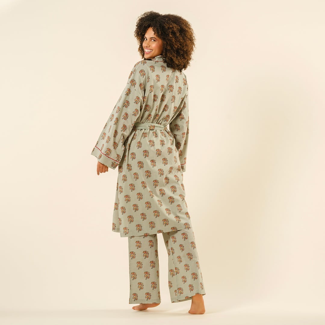 Gaya El Baskısı Pamuk Kimono Standart Beden Yeşil