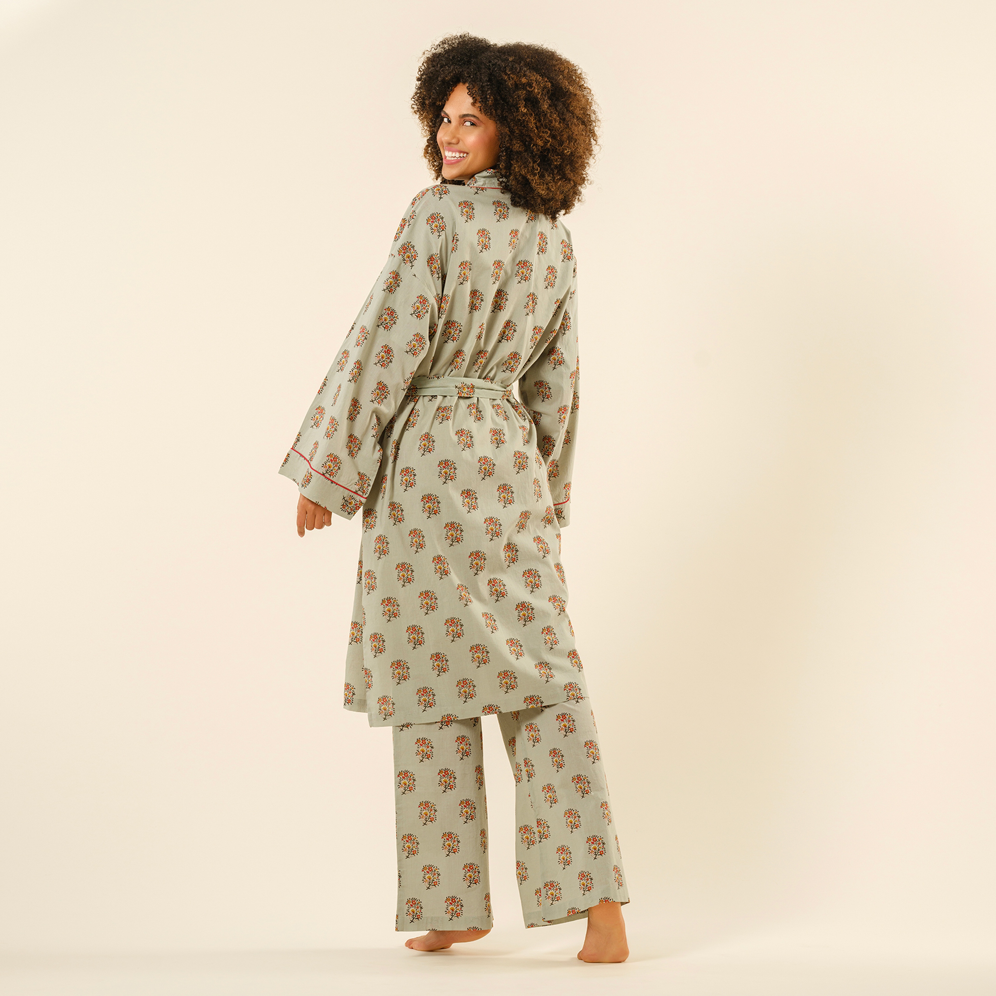 Gaya El Baskısı Pamuk Kimono Standart Beden Yeşil