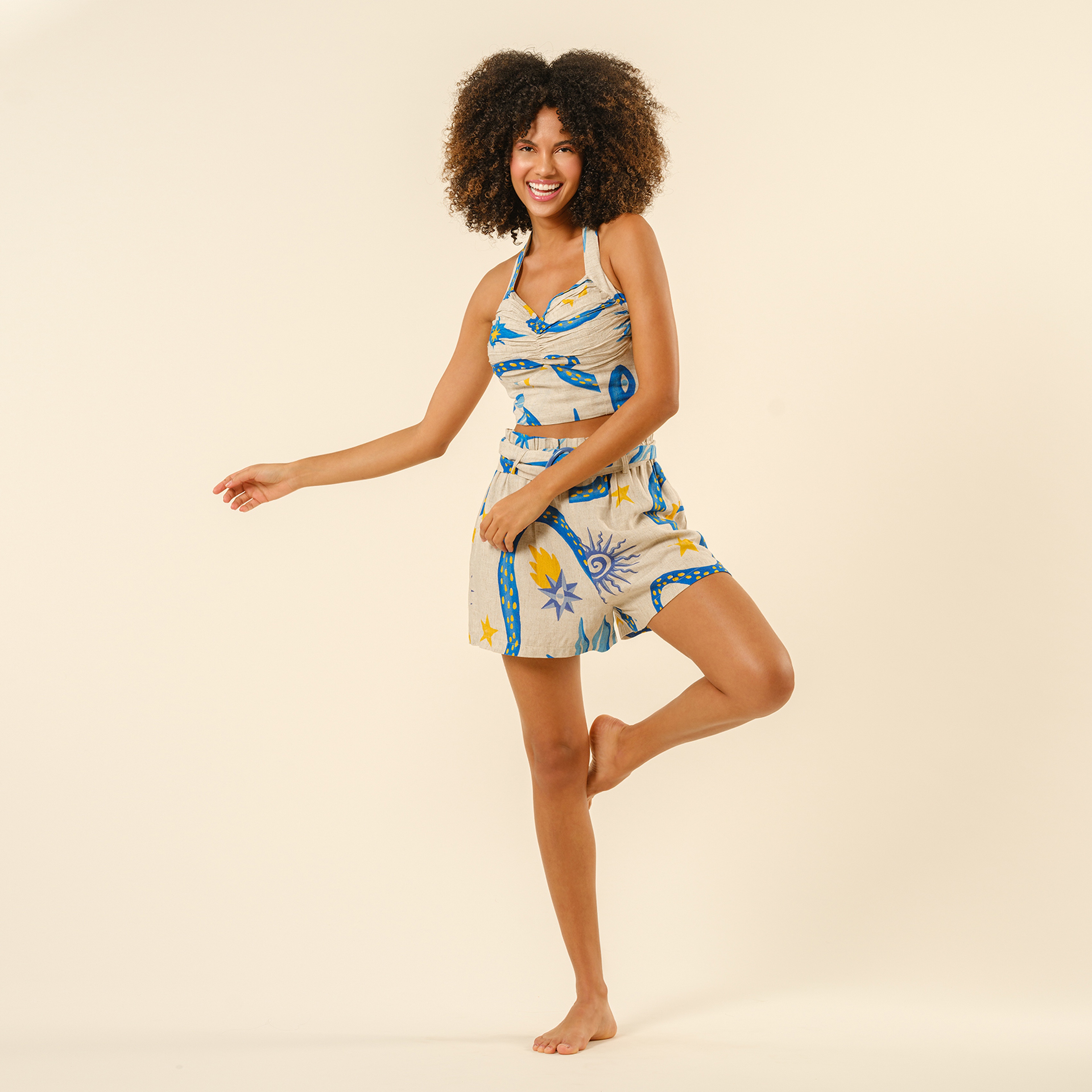 Protı Dijital Baskılı Şort - Ekru