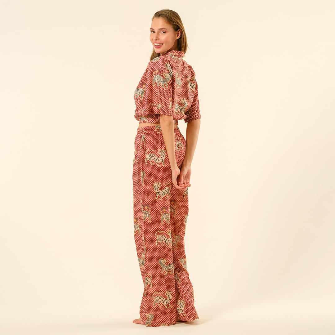 Gaya El Baskılı Önden Bağlamalı Gömlek - Kırmızı