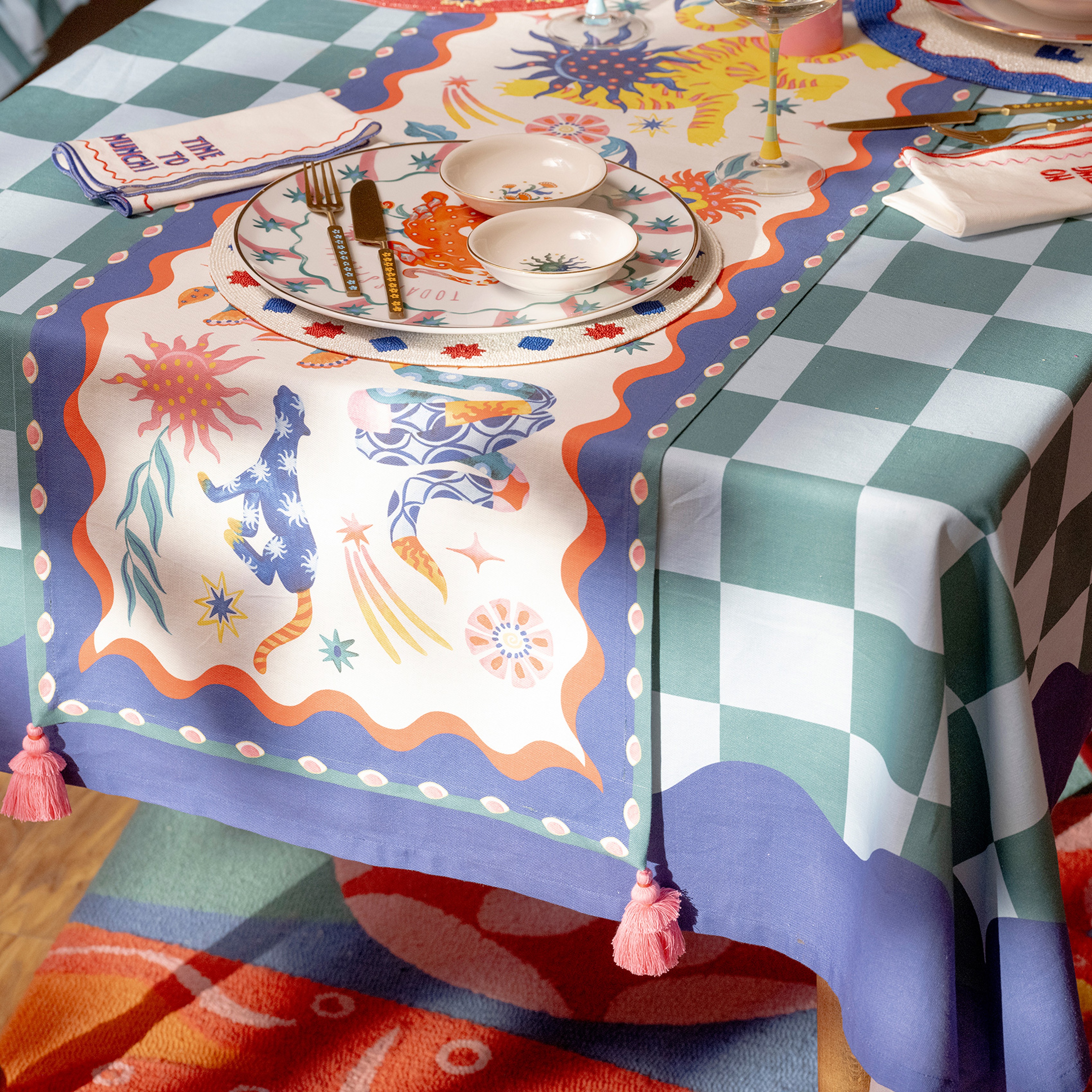 Nilüfer Dijital Baskılı Püsküllü Pamuk Runner 50x180 Cm Renkli