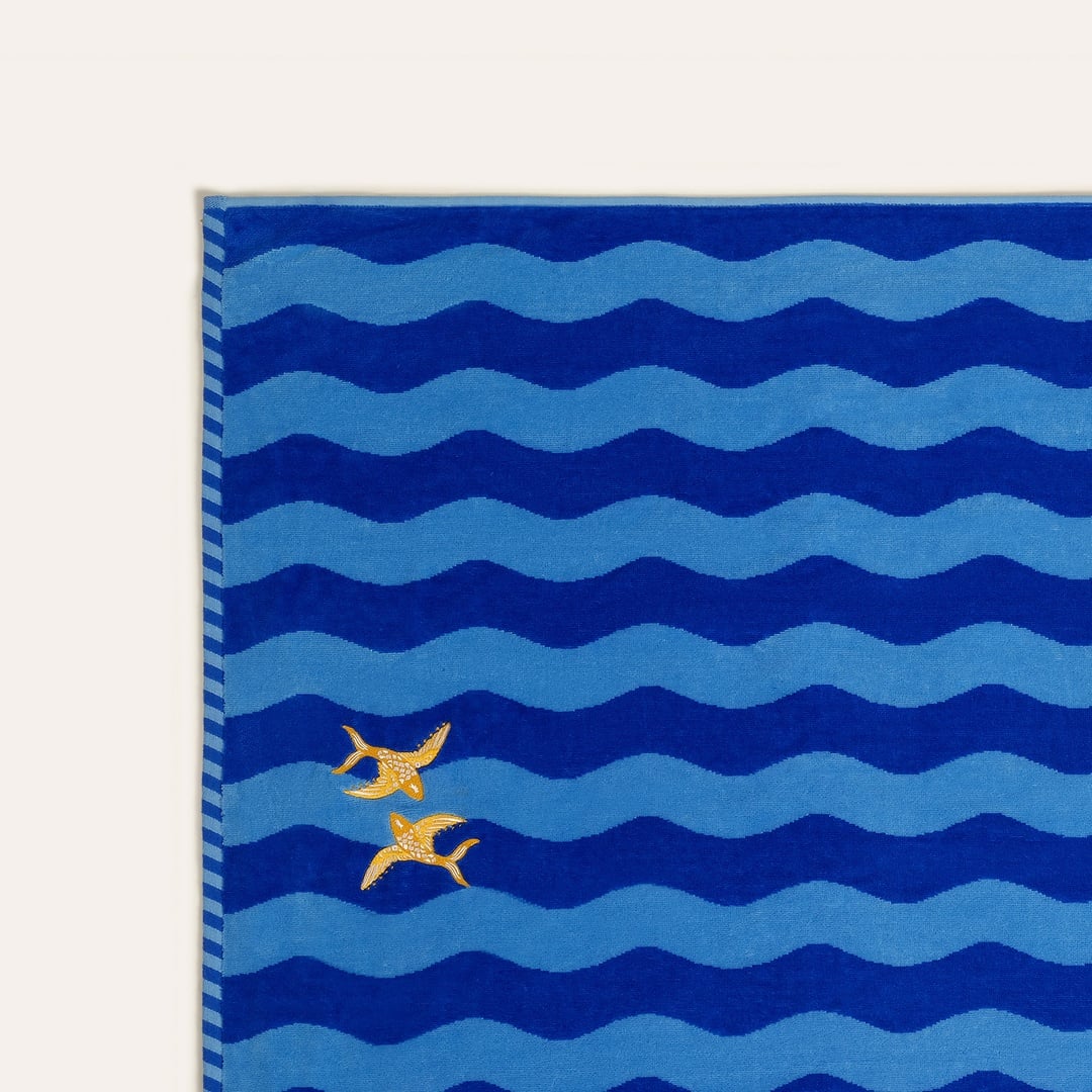 Tabea Nakışlı Pamuk Plaj Havlusu 90x180 Cm Açık Mavi - Koyu Mavi