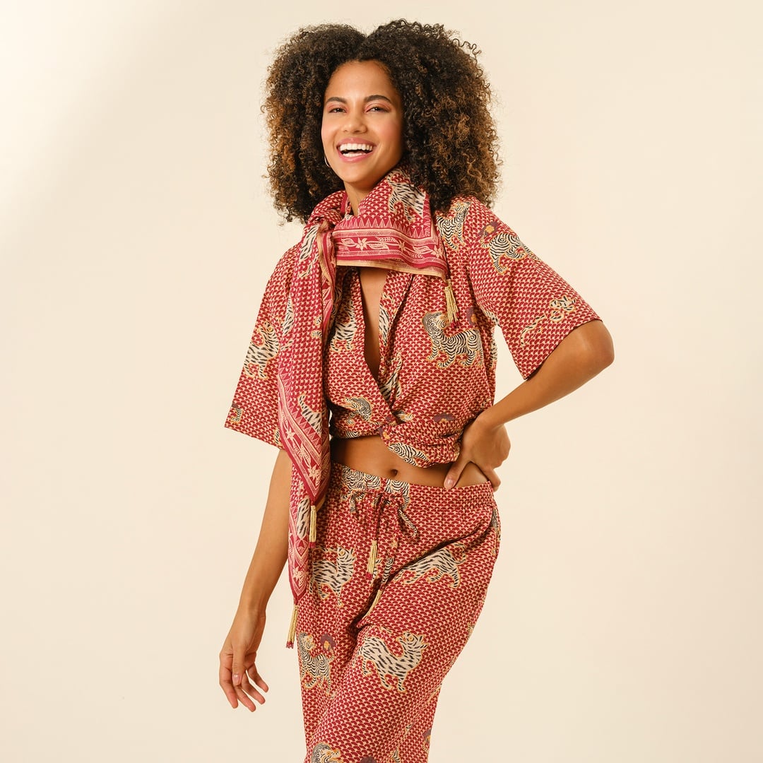 Gaya El Baskısı Fular 115x115 Cm Kırmızı