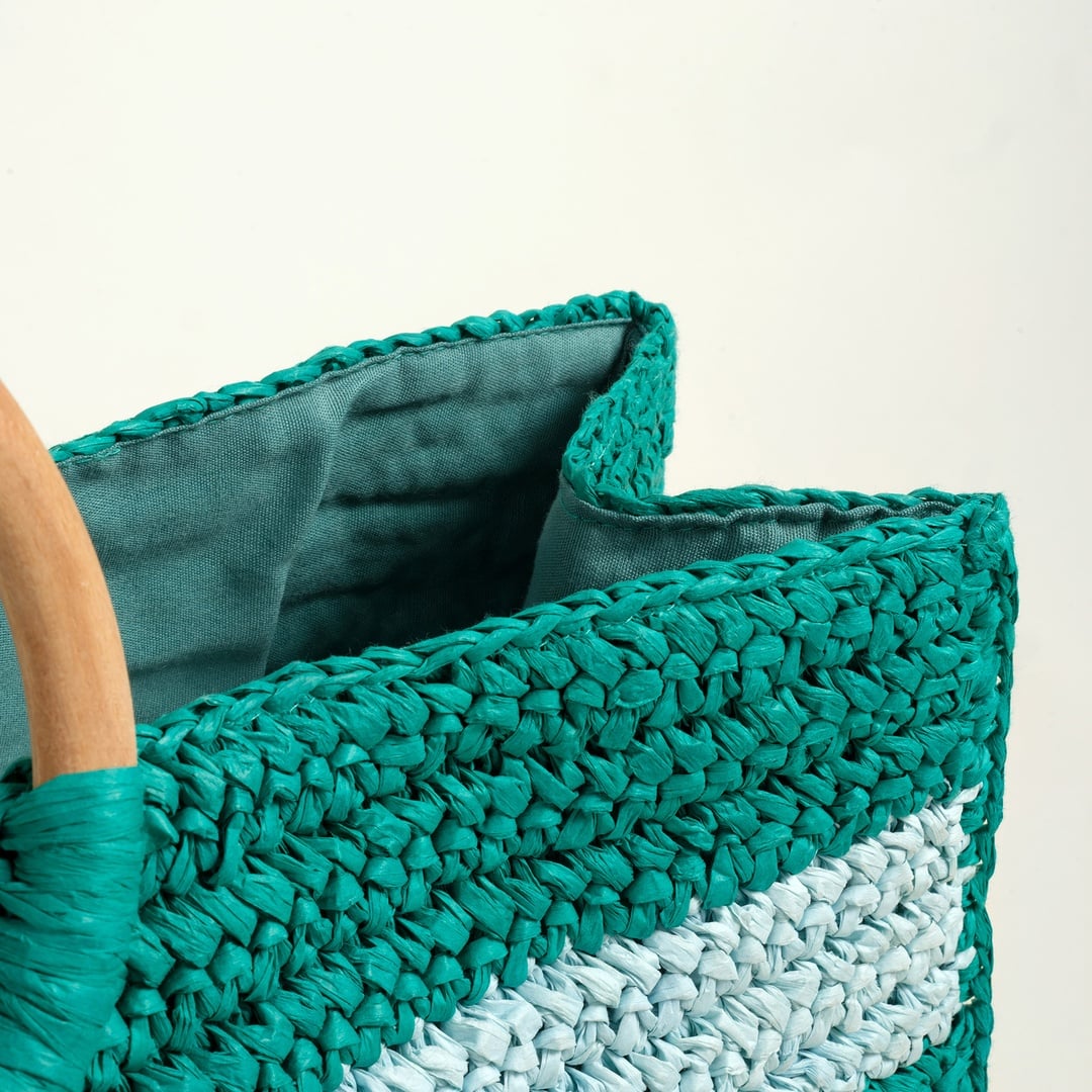 Delhı Rafya Tote Çanta 42x28 Cm Yeşil - Mavi