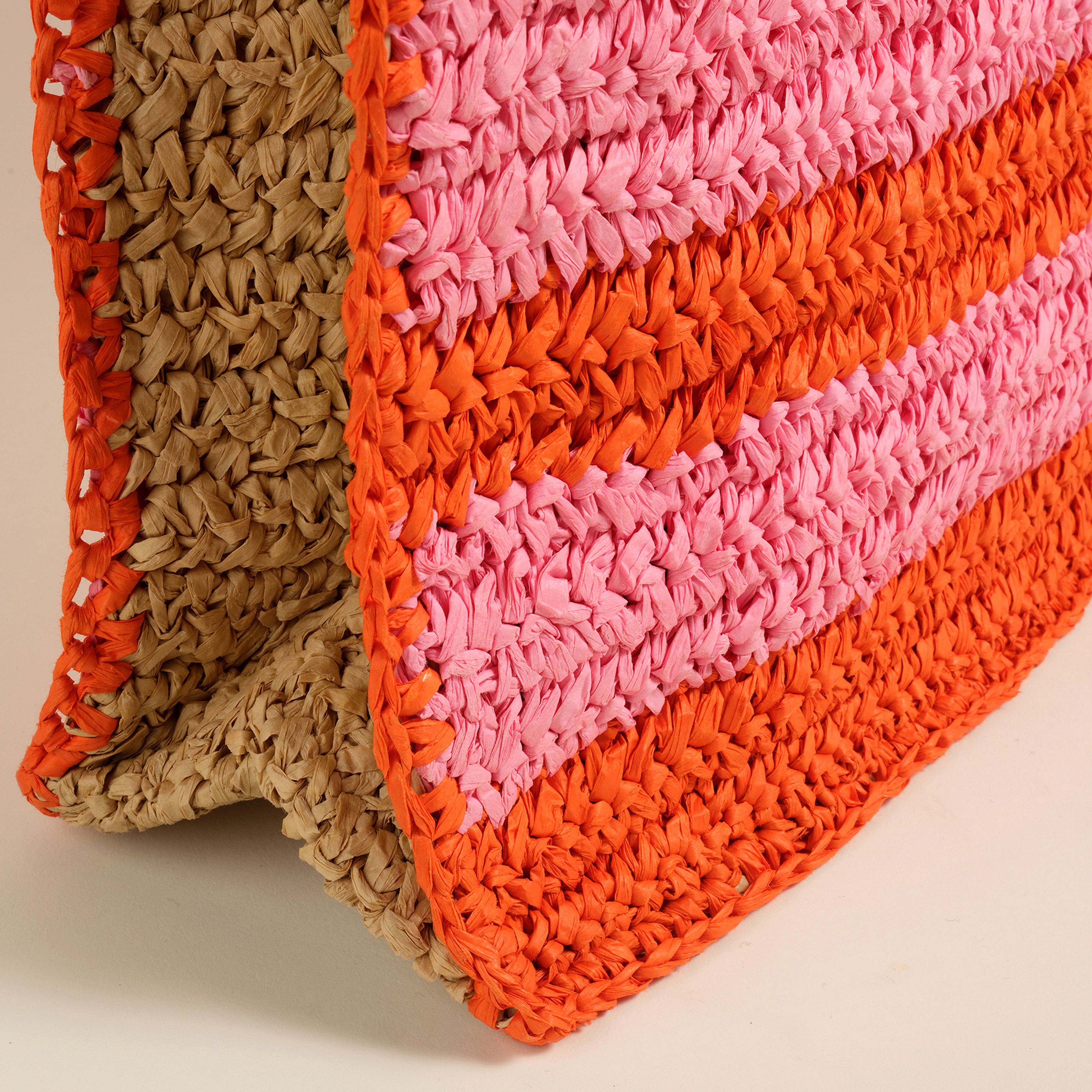 Delhı Rafya Omuz Çantası 43x35 Cm Turuncu - Pembe