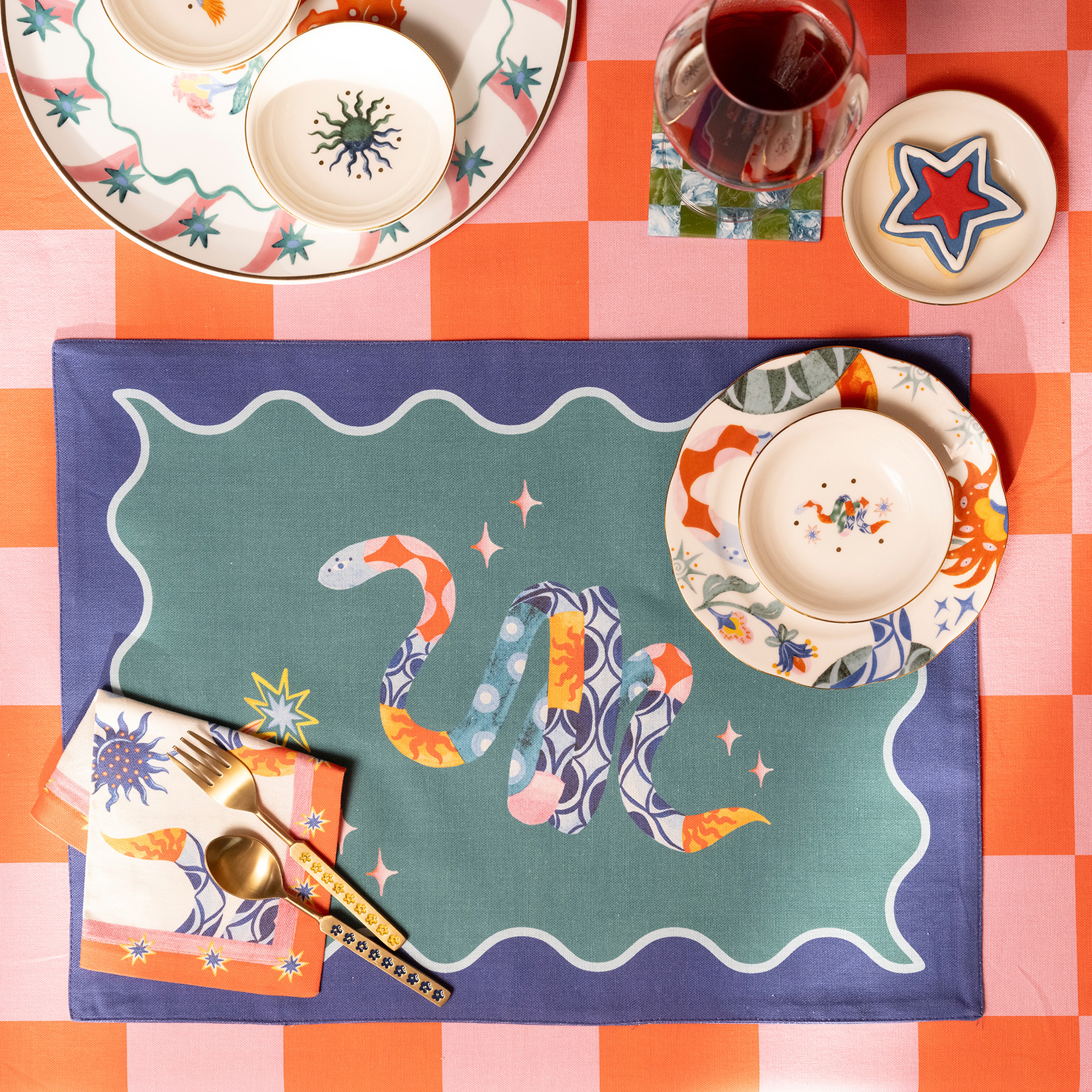 Nilüfer Dijital Baskılı Pamuk Amerikan Servis 35x50 Cm Yeşil - Mavi