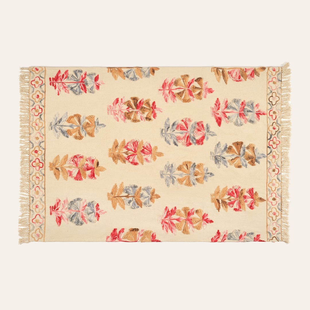 Palrı Nakışlı Pamuk Pamuk Kilim 80x150 Cm Krem