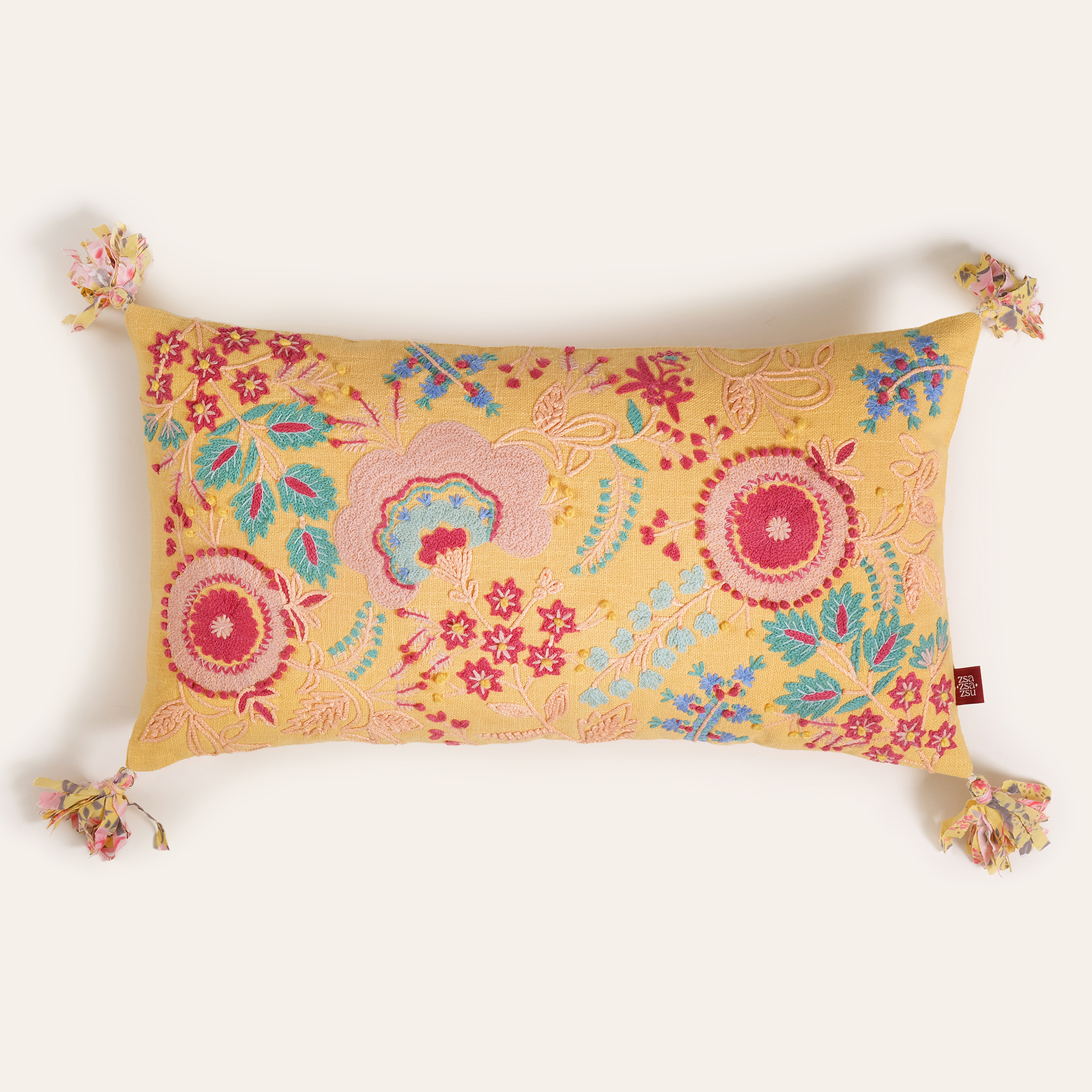 Ghunı Püsküllü Nakışlı Pamuk Dolgulu Kırlent 30x55 Cm Sarı