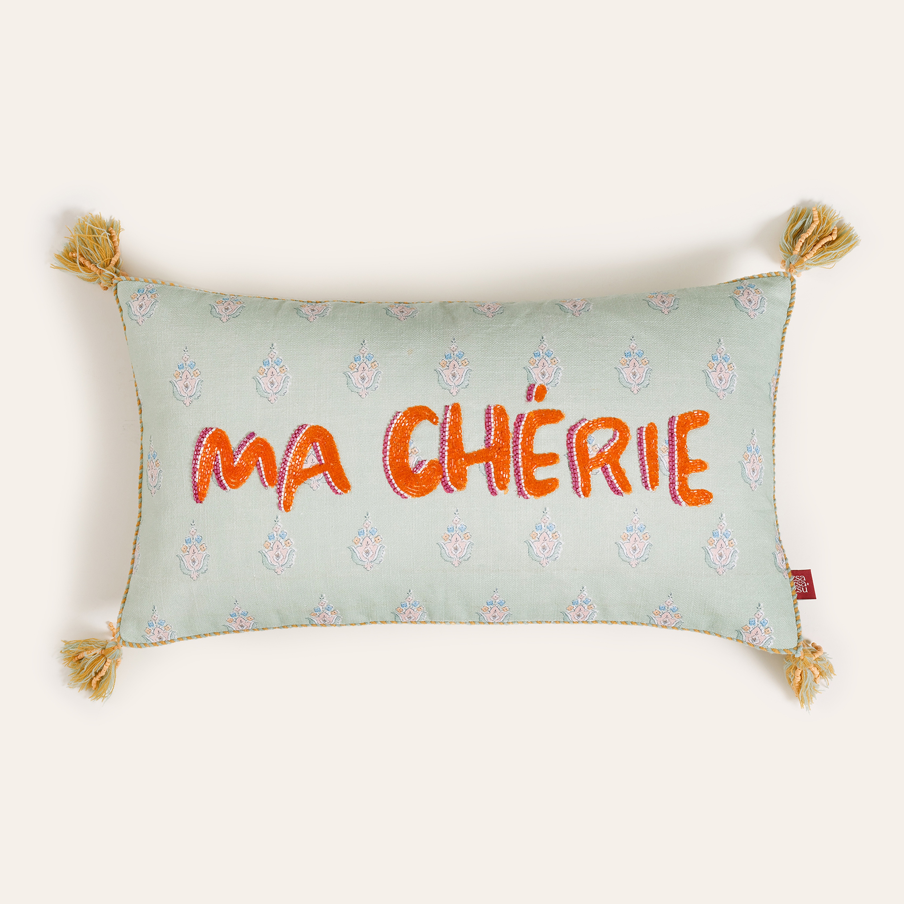 Ghunı Püsküllü Nakışlı Pamuk Dolgulu Kırlent 30x55 Cm Açık Yeşil