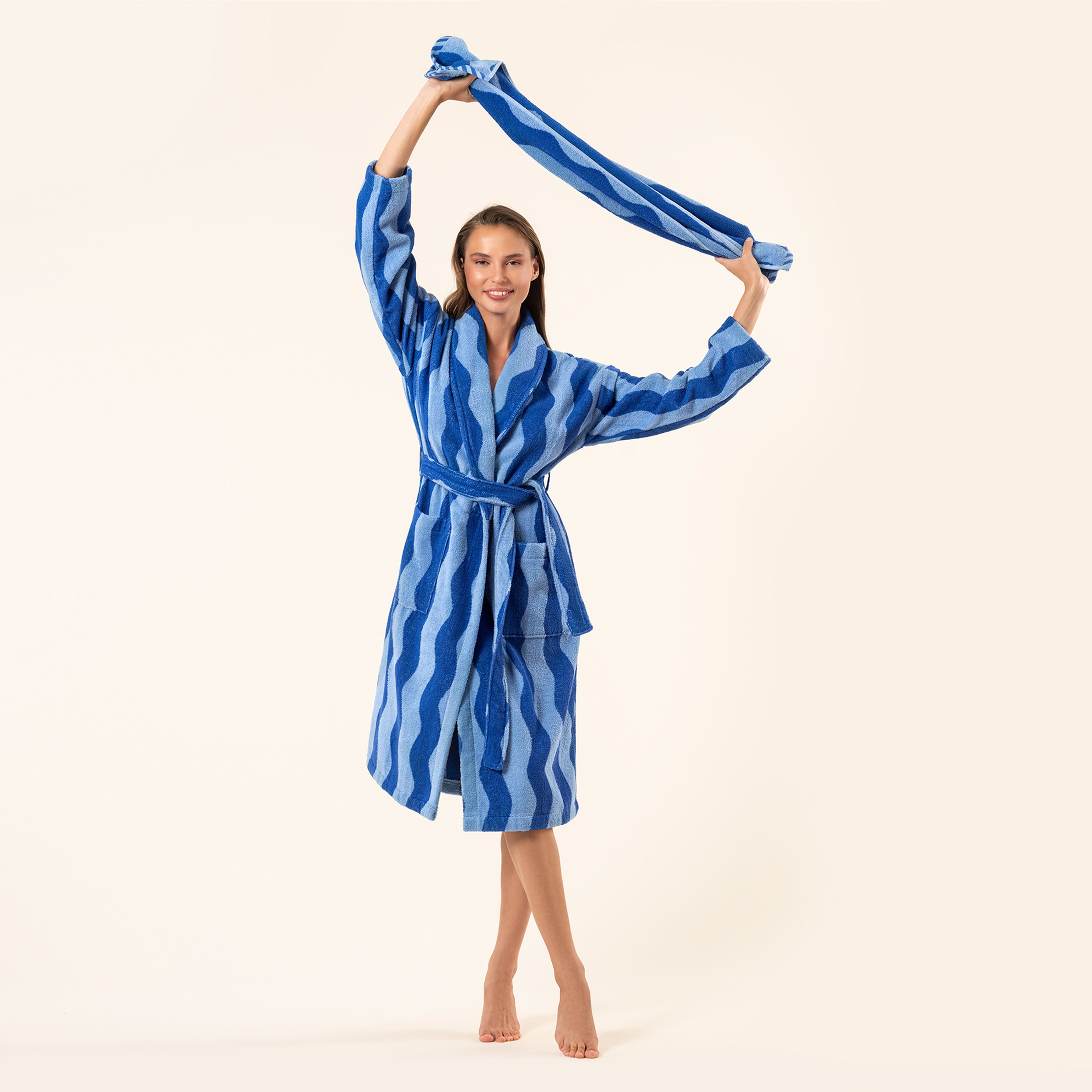 Tabea Pamuk Pamuk %100 Pamuk Bornoz - Açık Mavi - Koyu Mavi