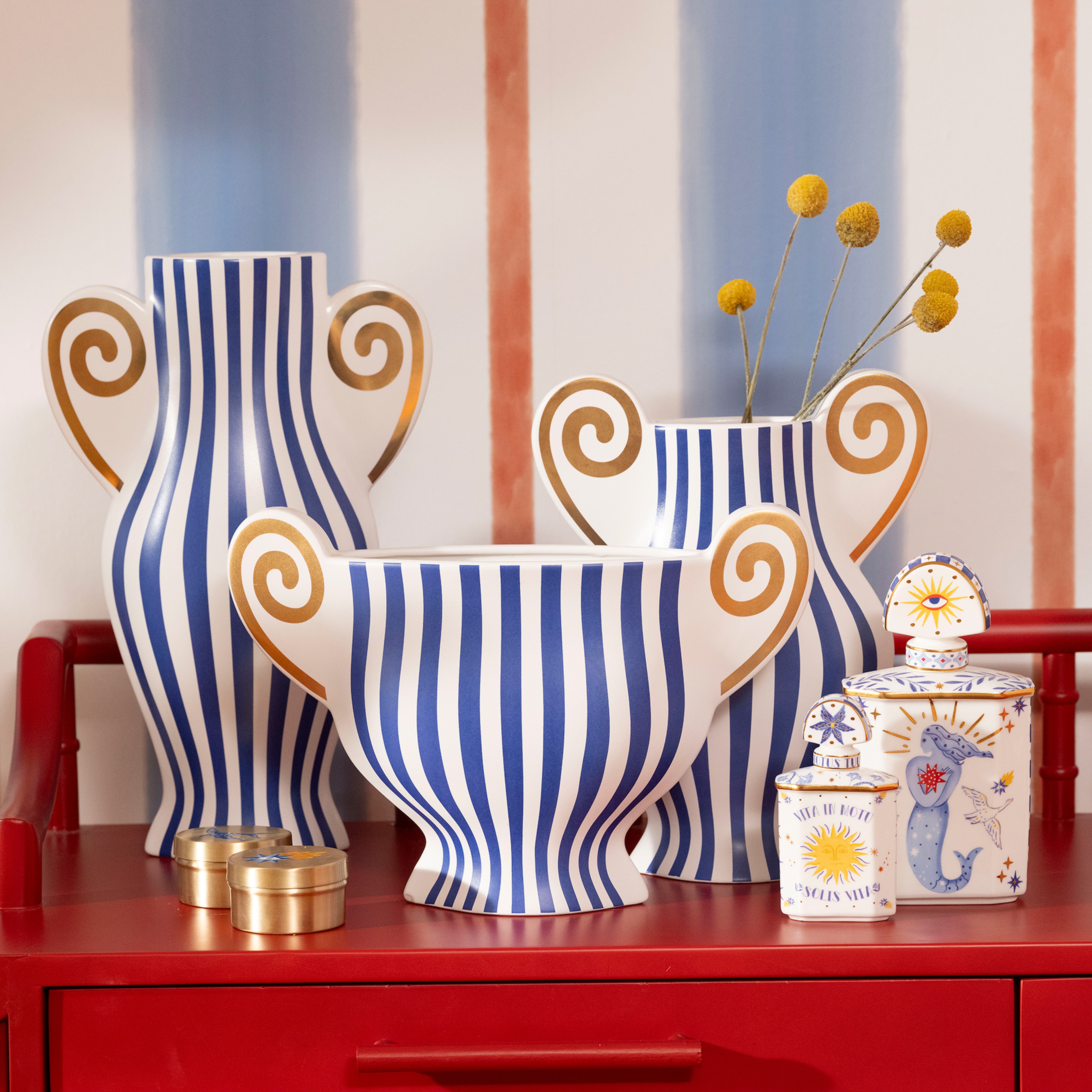 Longhu Seramik Vazo 33x10x22 Cm Mavi - Altın